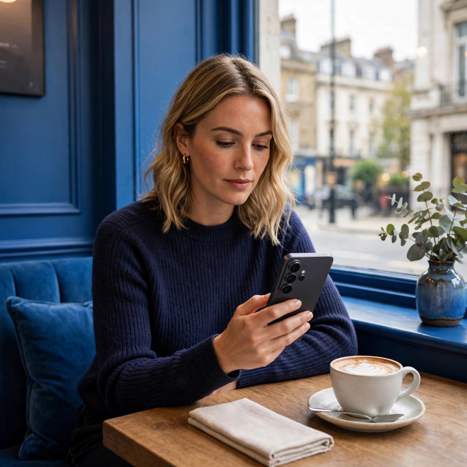 A woman sitting in a cafe by a window, using her smartphone next to a cup of coffee.