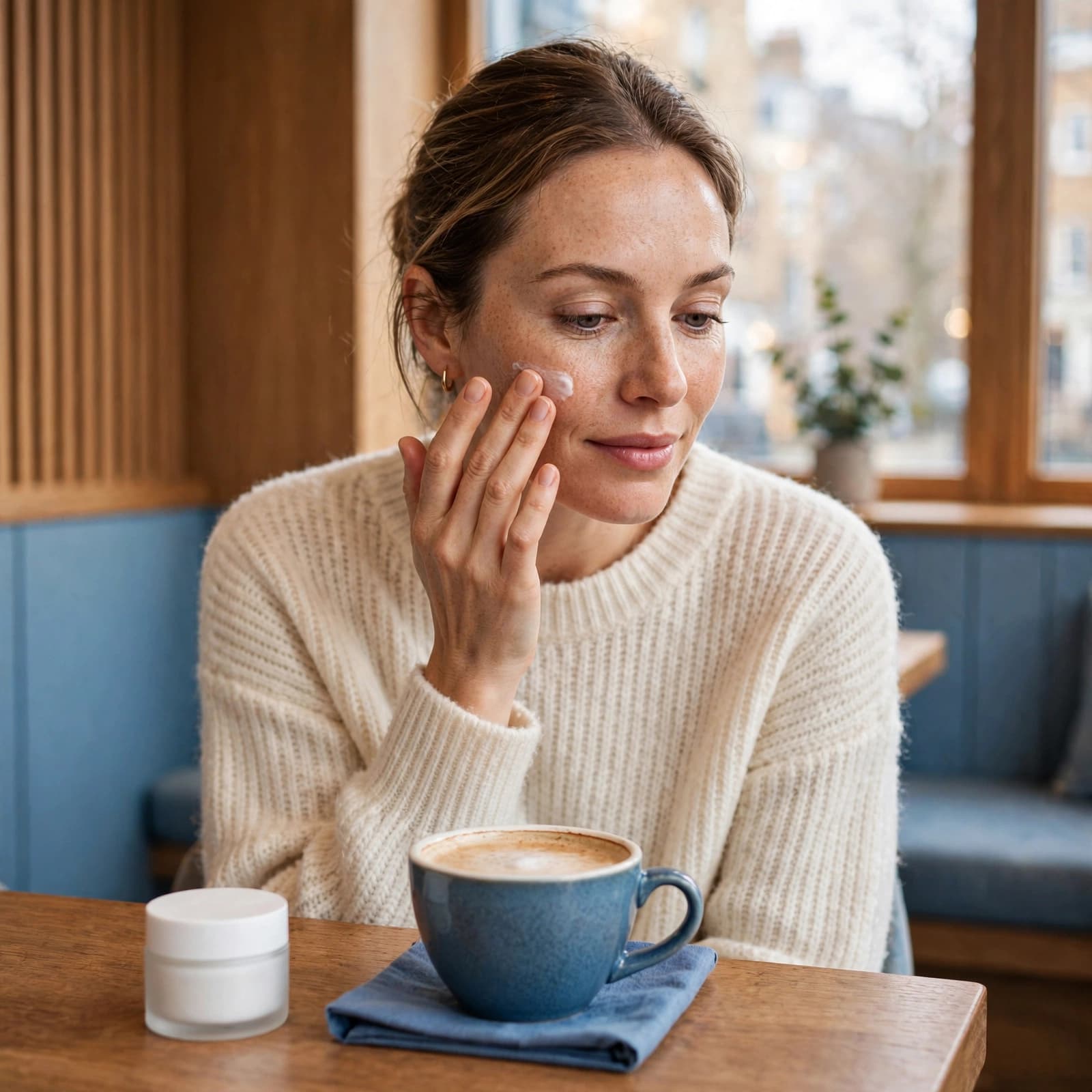 Clinique Moisturiser: Which Formula Is Worth Buying? 2 A woman applies moisturiser at a café table beside a white jar and coffee cup.
