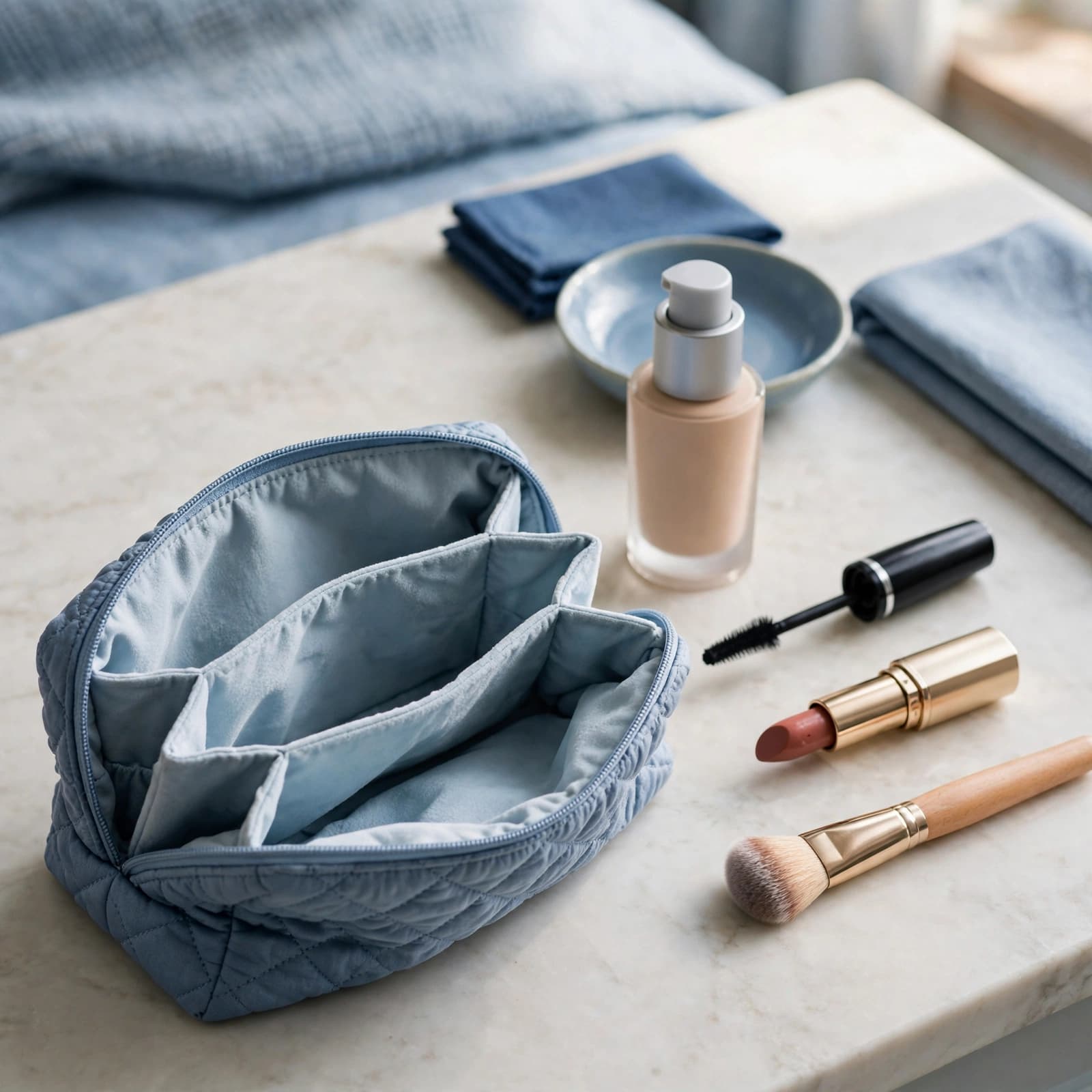 An open blue makeup pouch with cosmetics on a dressing table.