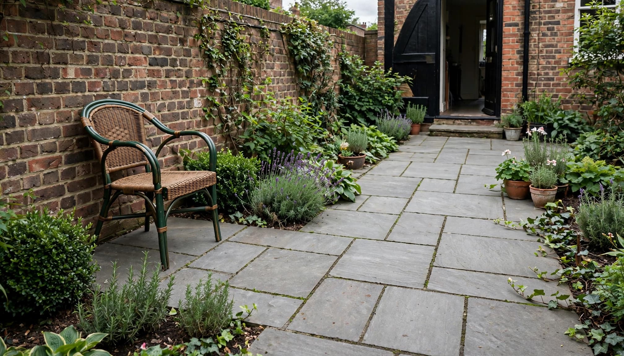 Compact seat on a paved patio with clear space to the garden doorway.