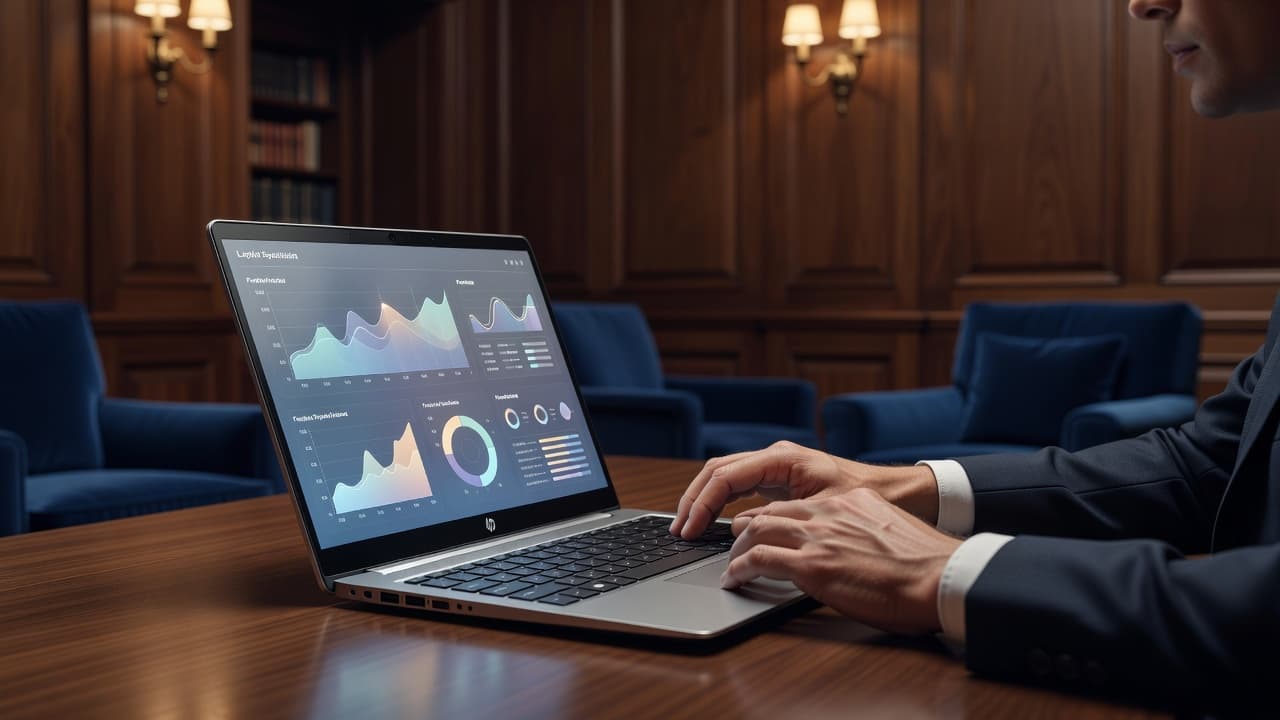 HP Laptop Review: Which Models Still Stand Out? 3 A focused individual analyzes glowing data charts and comparison graphs on a high-end laptop. The scene is set within a luxurious wood-paneled library featuring rich blue fabric accents and soft lighting.