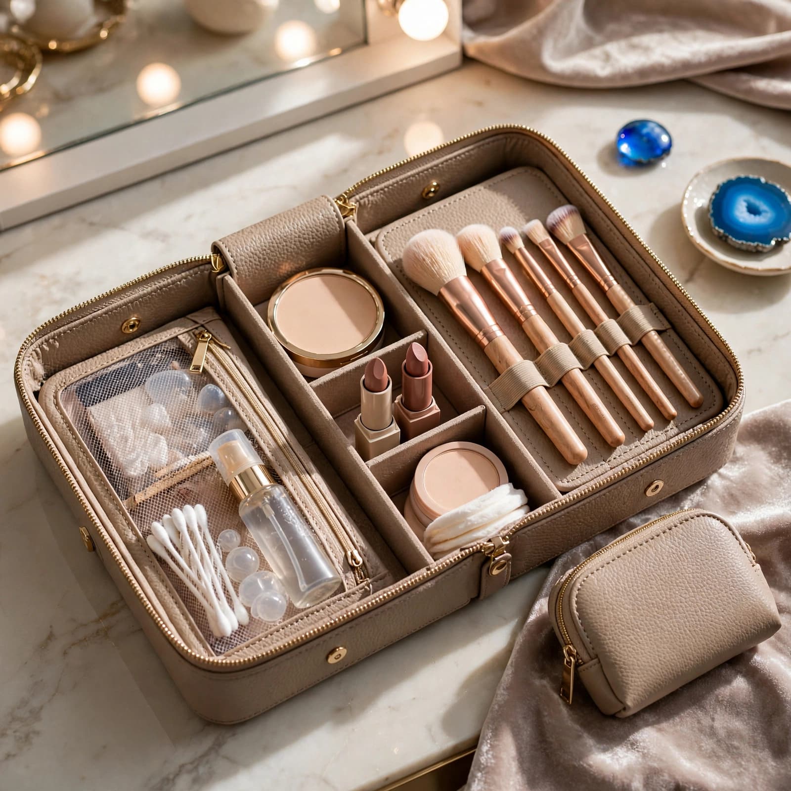 An open beige makeup organiser filled with brushes, lipsticks, and other cosmetic products.