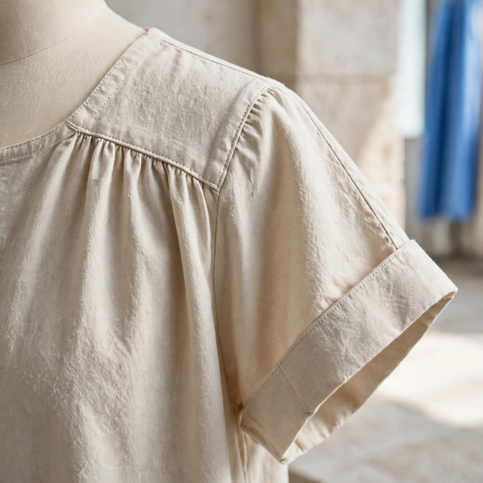 A cotton muumuu on a dress form shows its yoke, sleeves, and neat seams.