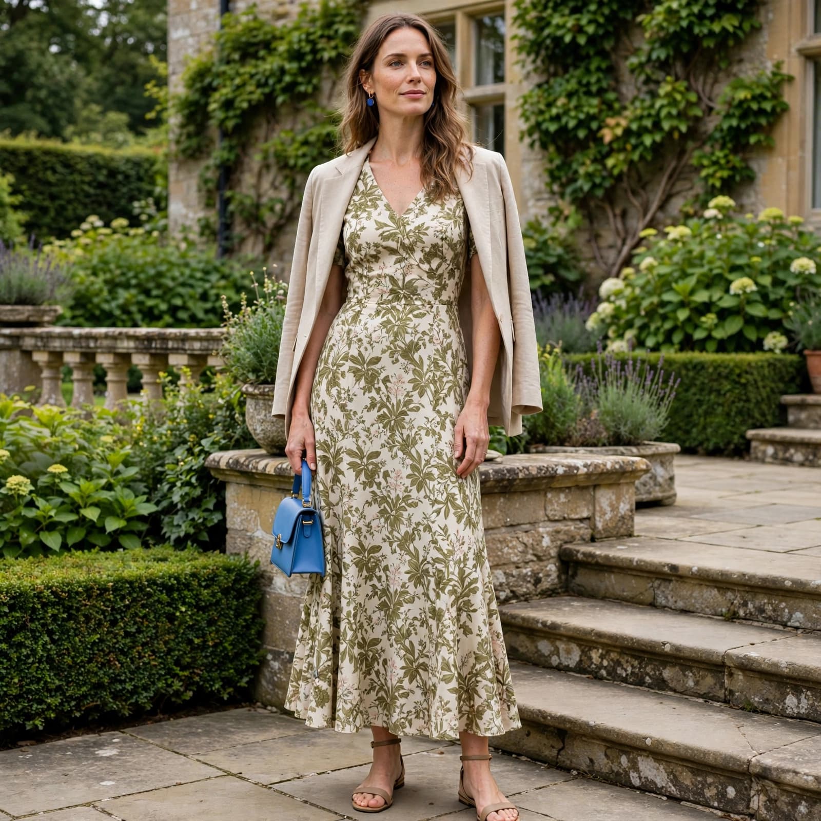 Long Dresses for Women: How to Choose Your Next Dress 1 A woman in a printed long dress poses on a garden terrace.