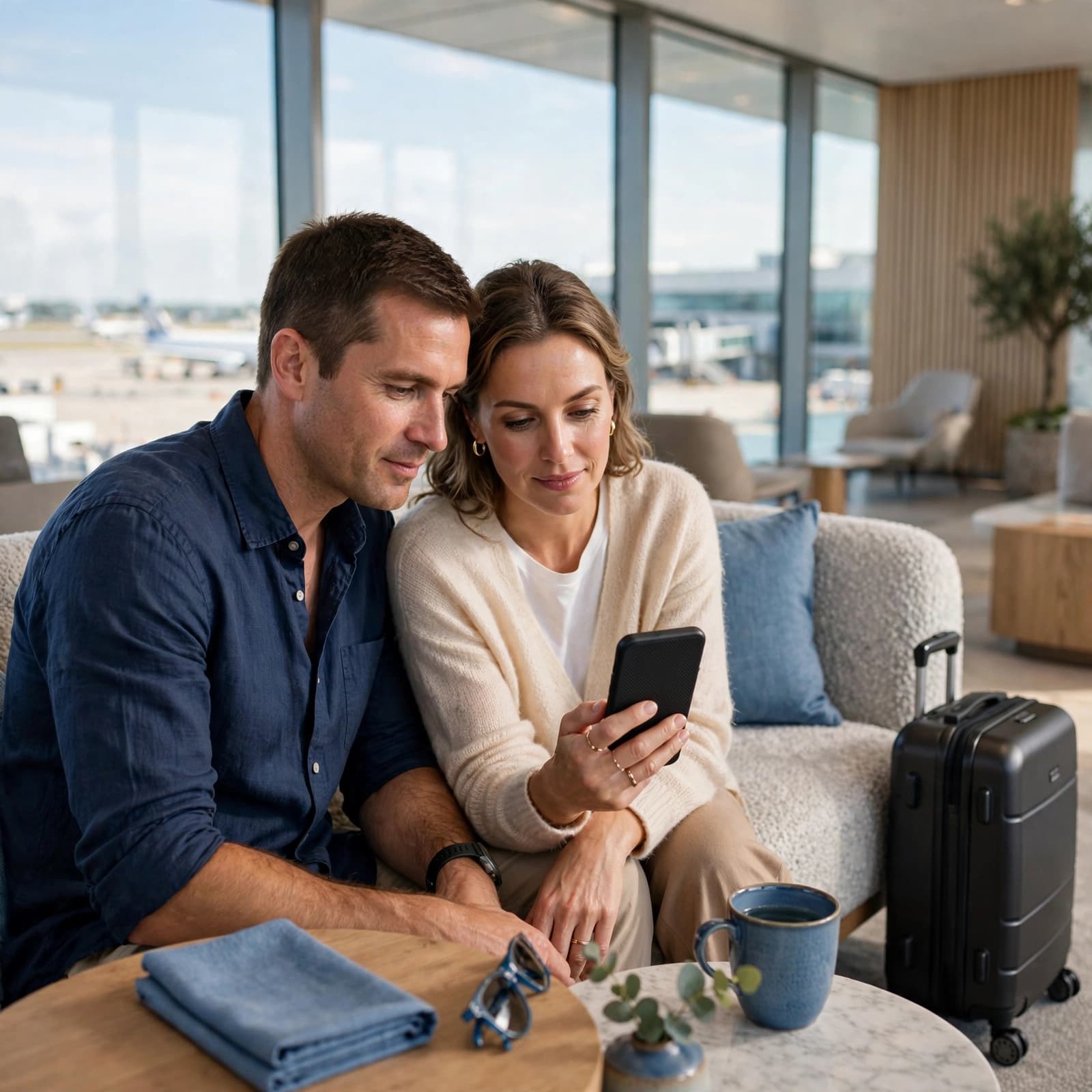 A couple sits together on a couch in an airport lounge, looking at a smartphone.