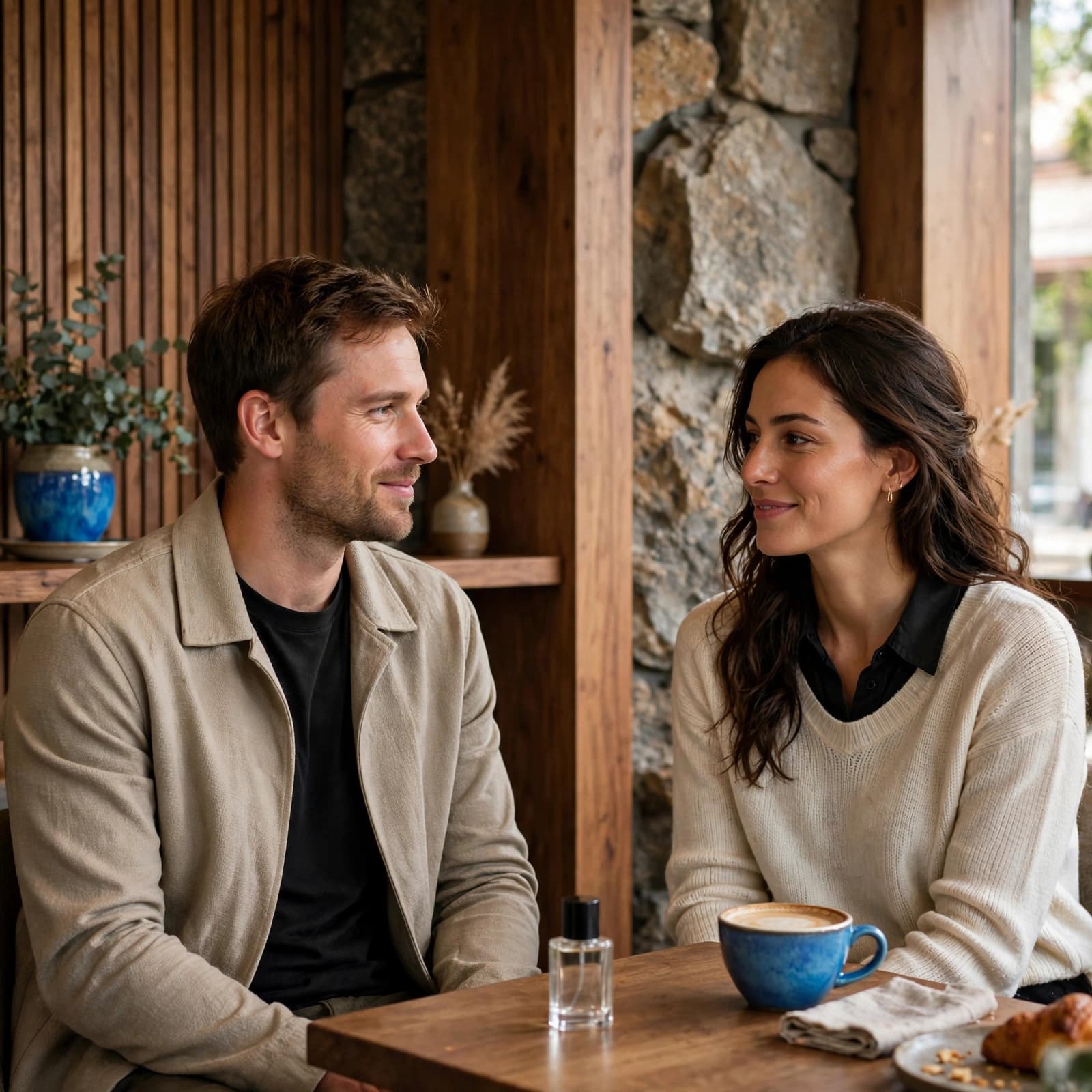 A man and woman sitting at a café table with a perfume bottle and a blue coffee cup.