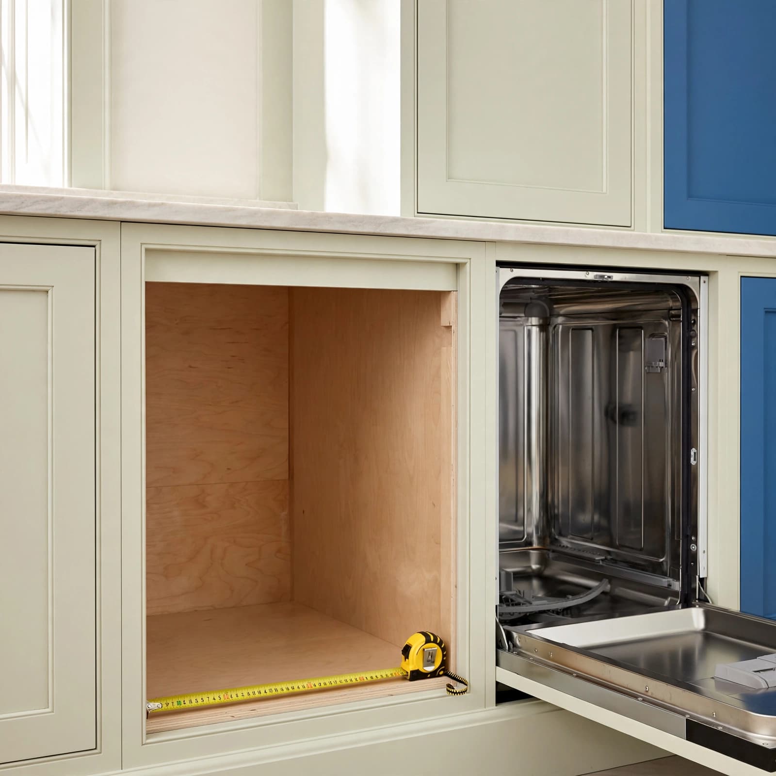 A tape measure lies inside an empty kitchen cabinet space next to an open dishwasher.