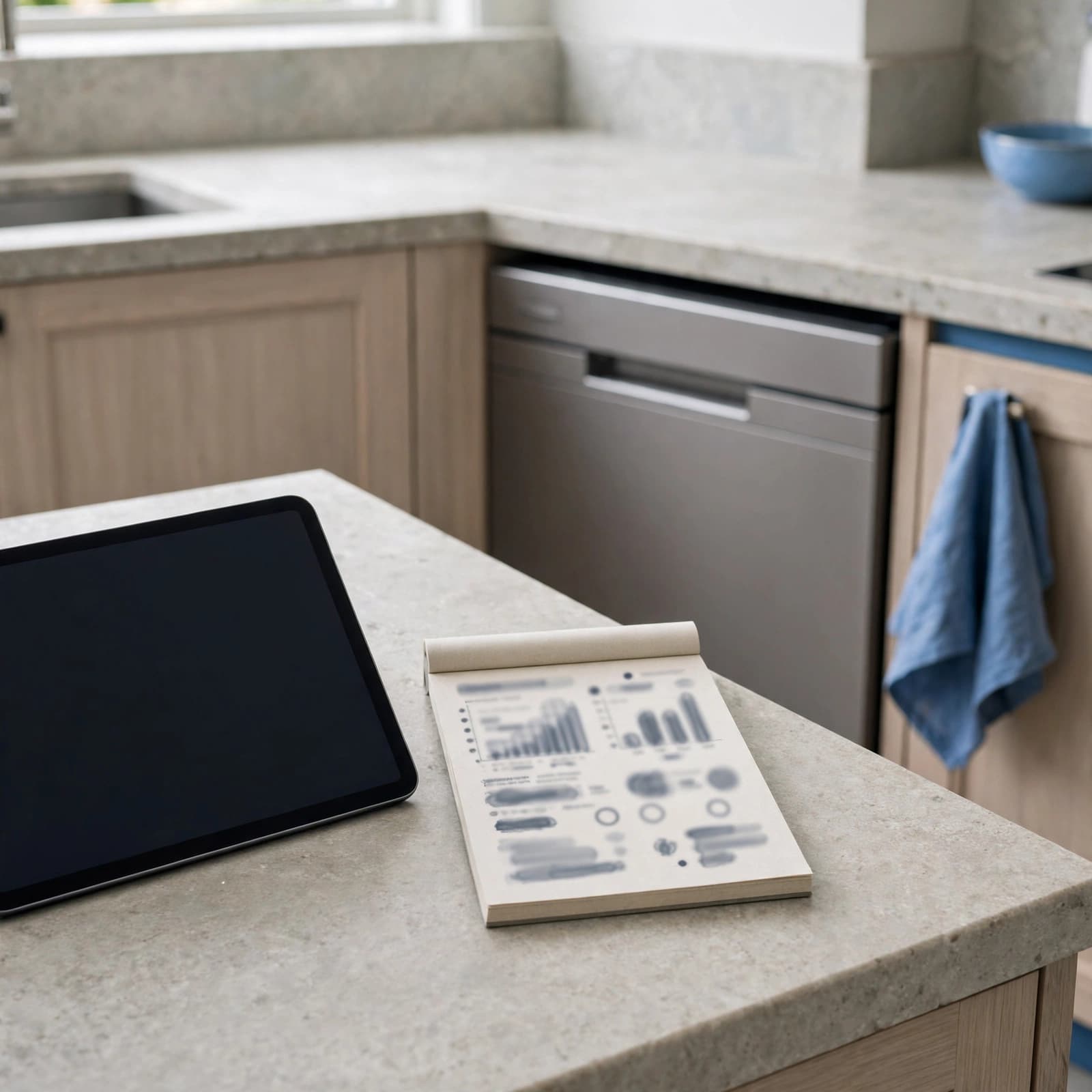 A tablet and a notepad with blurred charts sit on a kitchen counter next to a dishwasher.