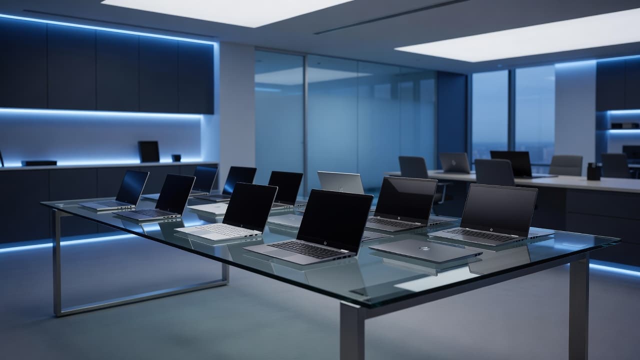 HP Laptop Review: Which Models Still Stand Out? 2 Various laptop models of differing sizes sit precisely aligned on a transparent glass table. Soft blue ambient light reflects off the polished surfaces within a contemporary, open-concept professional office environment.
