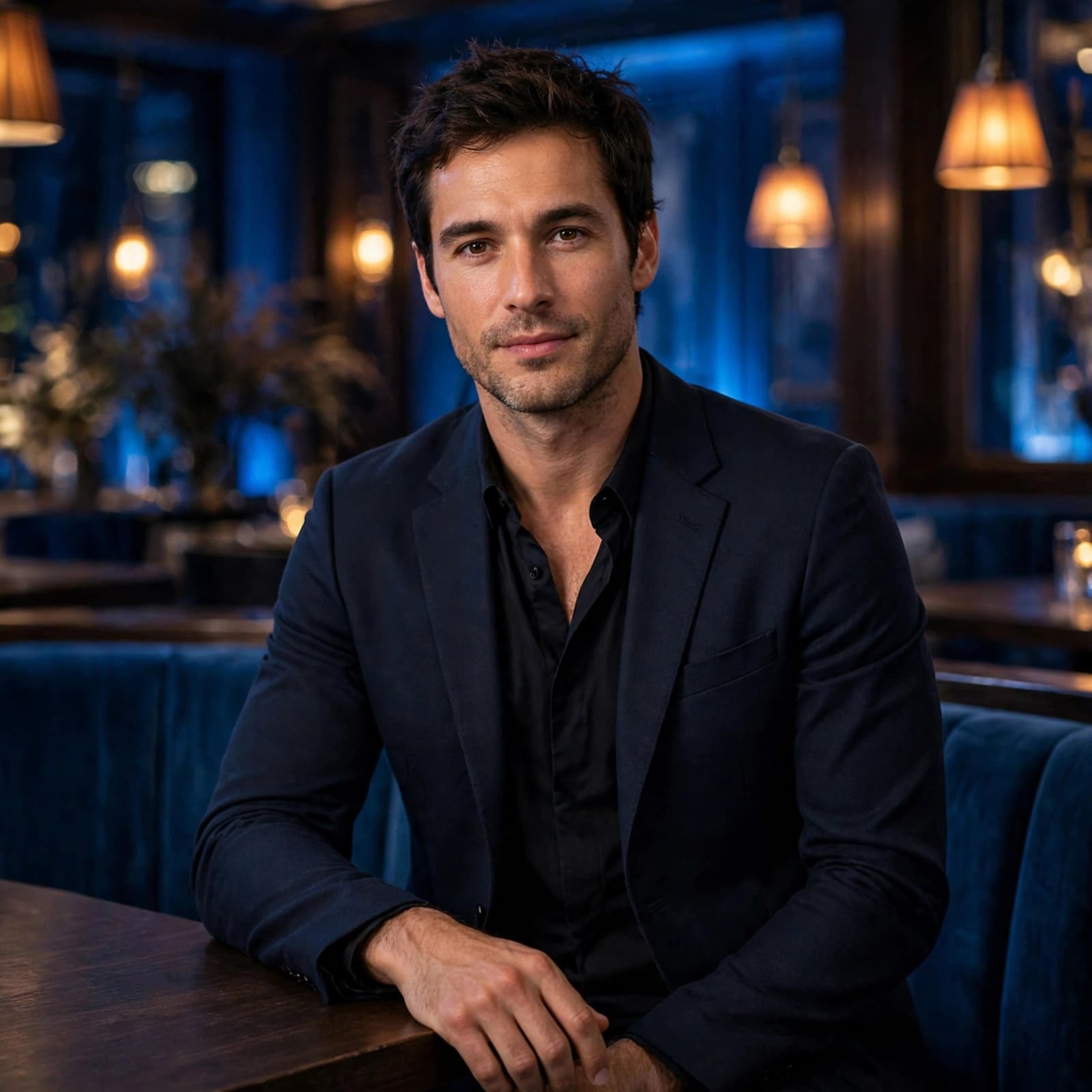 A man in a dark jacket stands beside a table in a warmly lit blue-accented bar.