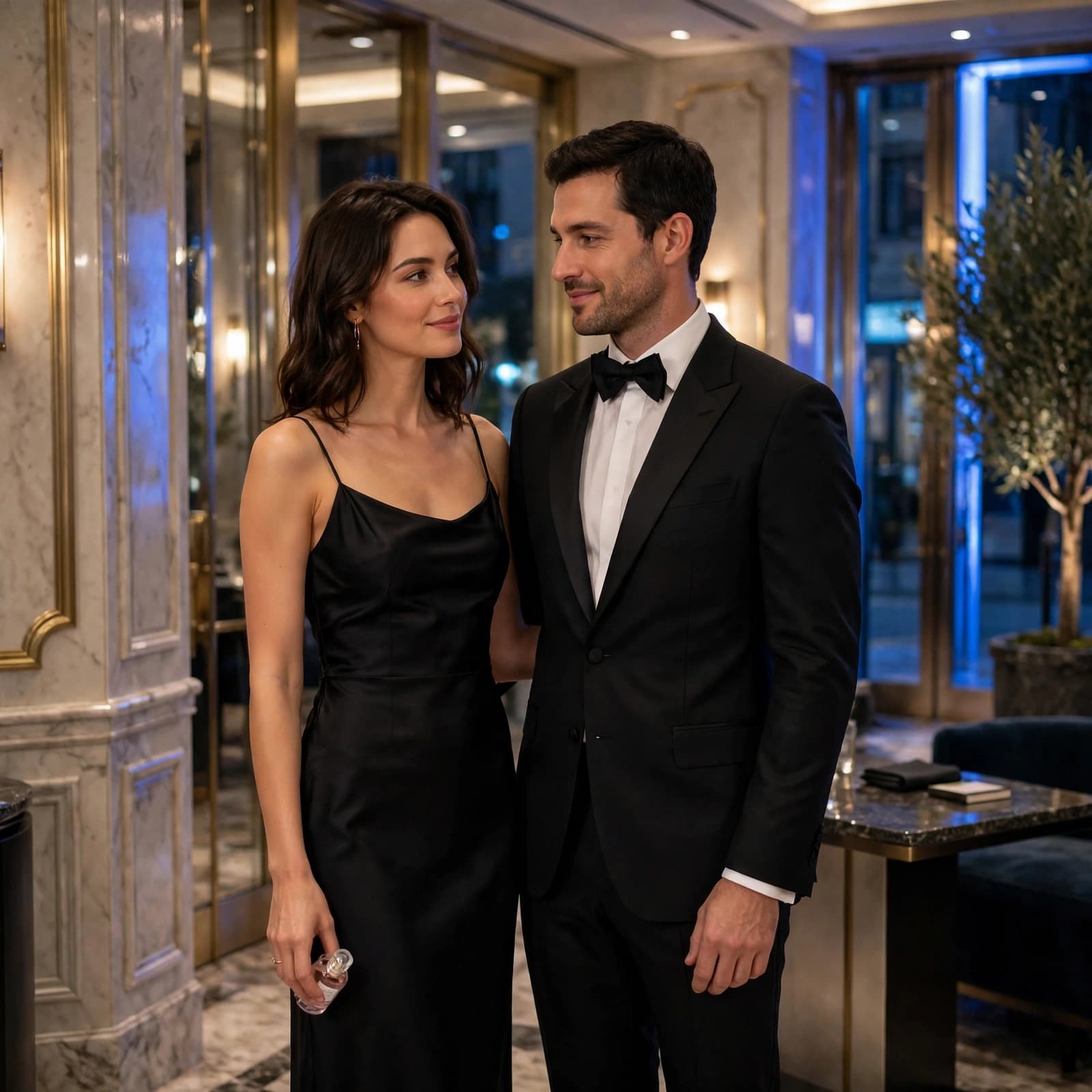 An elegant man in a tuxedo and a woman in a black dress stand together in a luxury hotel lobby.