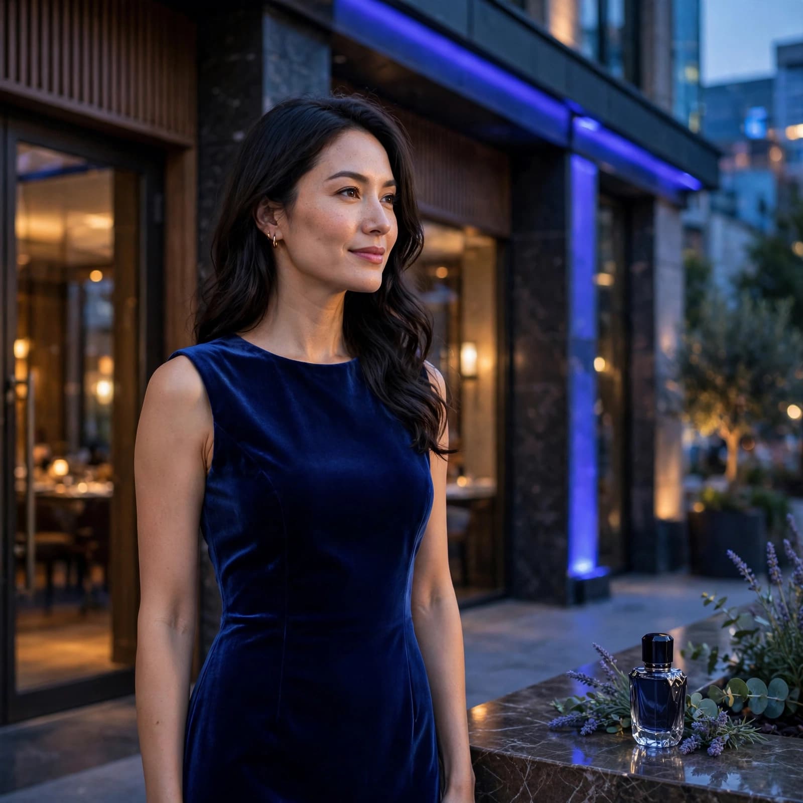 An elegantly dressed woman stands beside a perfume bottle at a softly lit restaurant entrance.