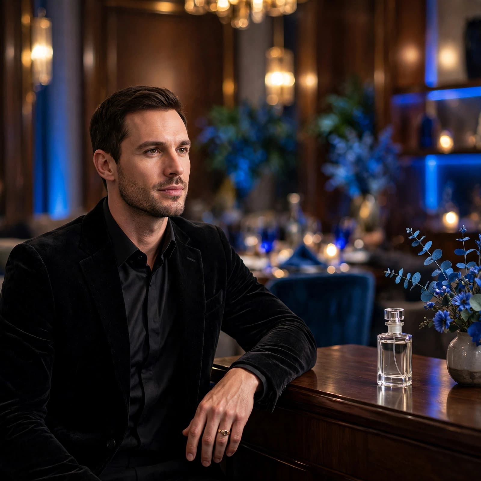 A stylish man in evening attire sits in a luxurious dining room with a perfume bottle on the console.