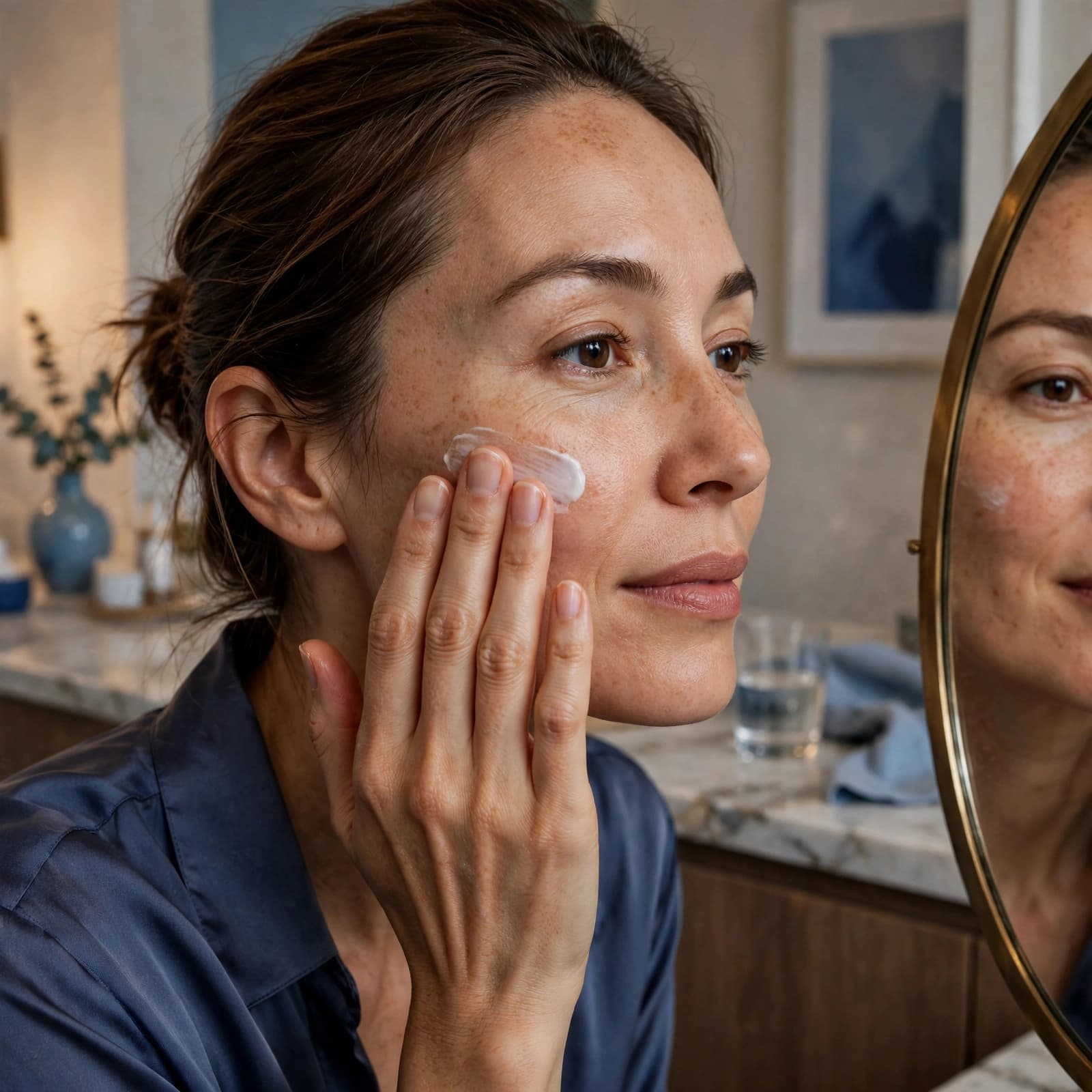 Moisturiser for Dry Skin: A Practical Buyer's Guide 3 A woman applies moisturiser to her cheek while looking in a mirror.