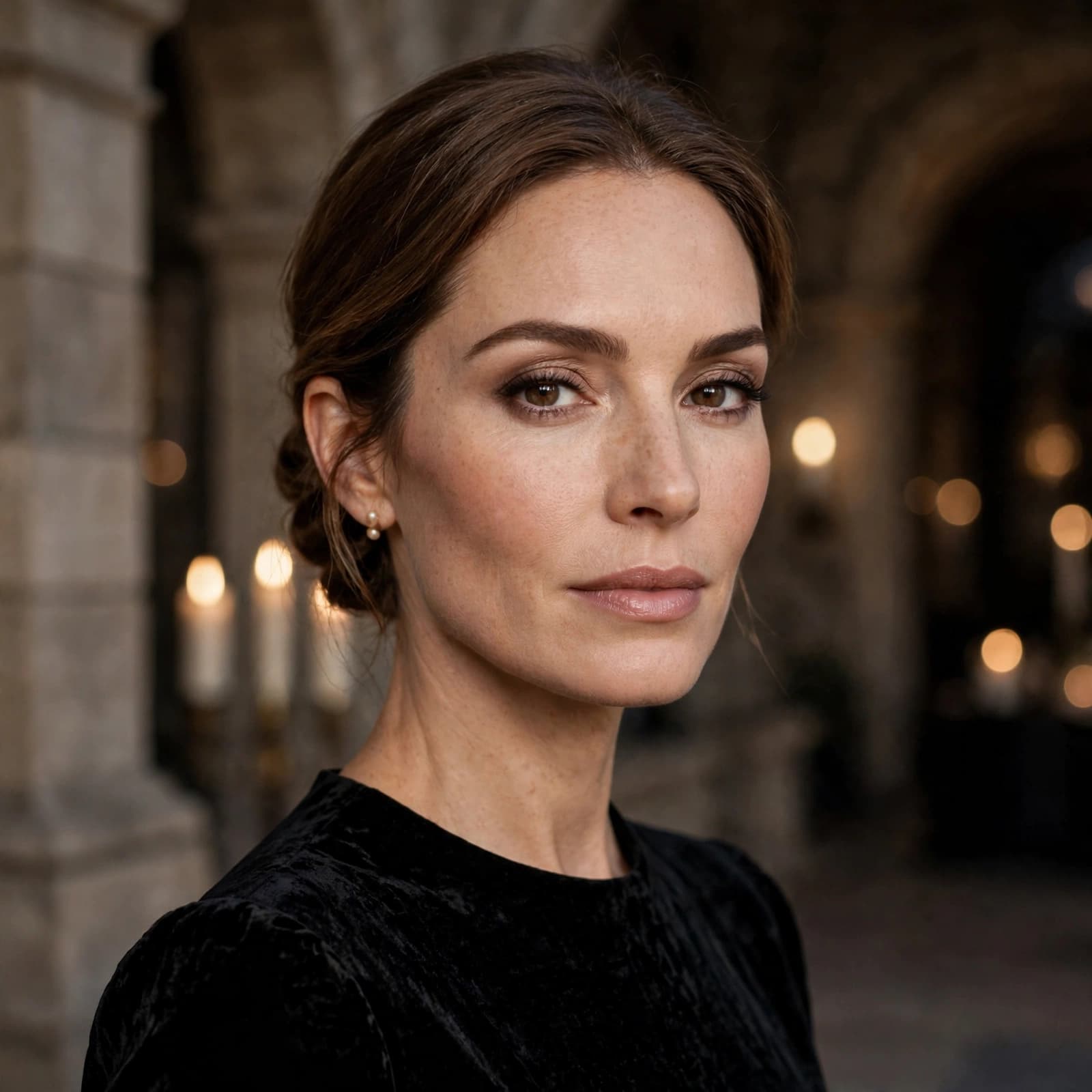 A woman with refined evening makeup poses against a stone interior with blurred lights.