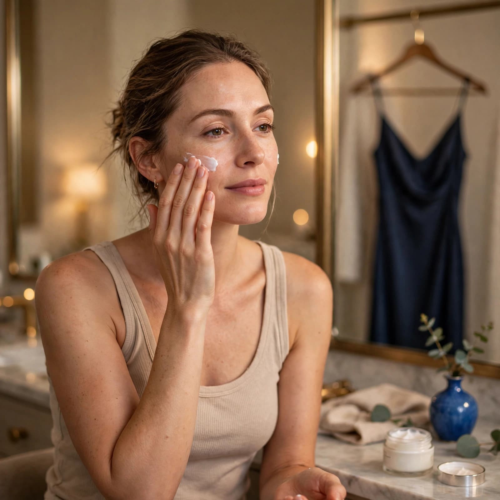 Face Moisturiser Buying Guide: Choose for Your Skin 3 A woman applies facial moisturiser in a home dressing area with a blue dress hanging on the mirror behind her.