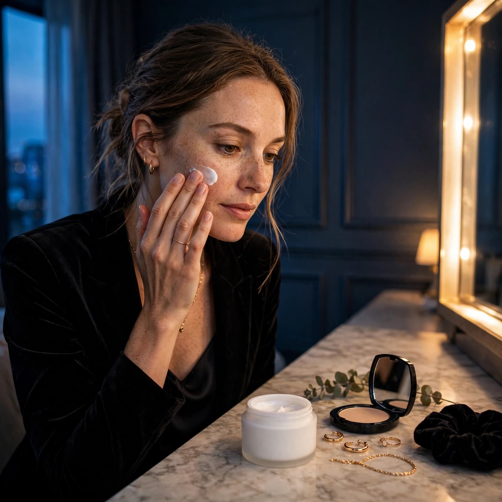 Clinique Moisturiser: Which Formula Is Worth Buying? 3 A woman applies moisturiser beside a white jar on a softly lit dressing table.