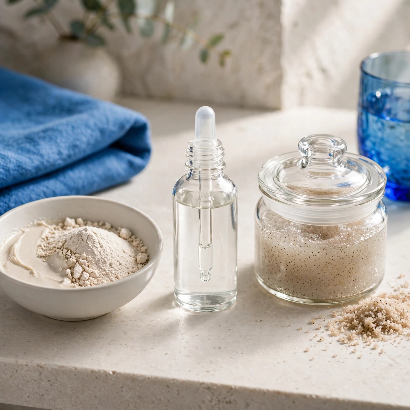 Powder paste, a clear bottle, and a granule scrub jar arranged on a pale counter with blue accents.
