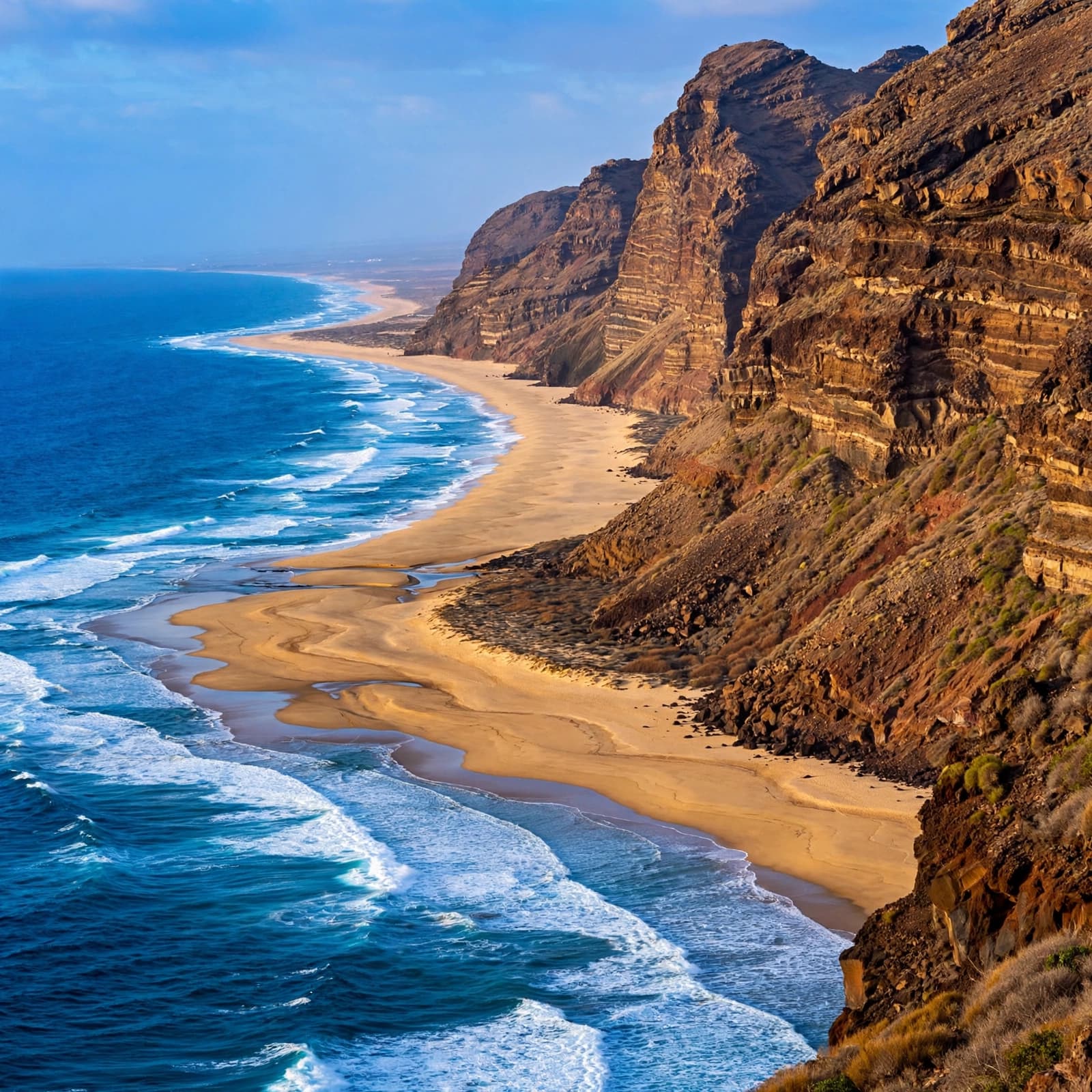 An elevated view of a golden sand beach, crashing waves, and dramatic rocky cliffs along the coast.