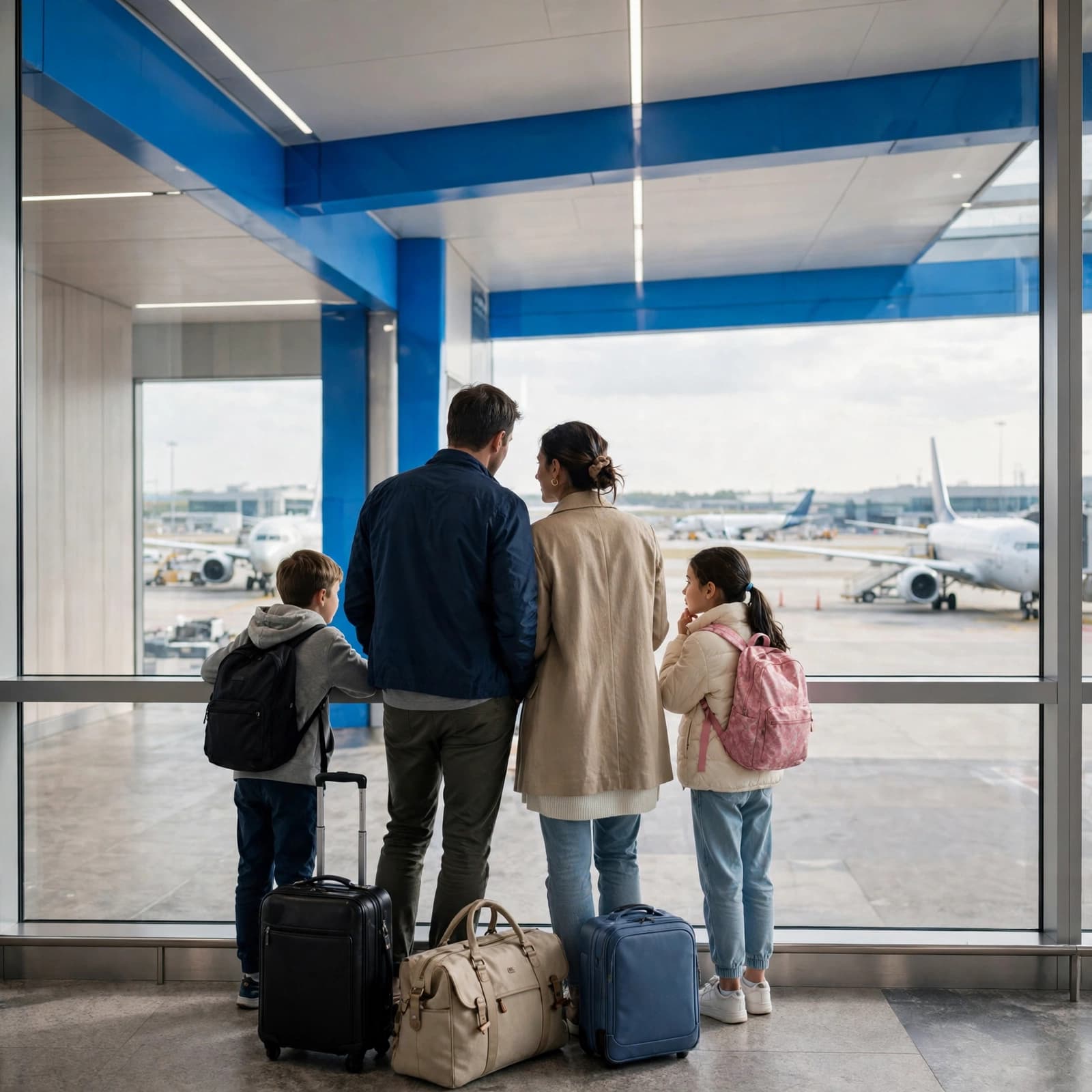 A family of four views airplanes from a large window inside a modern airport terminal.