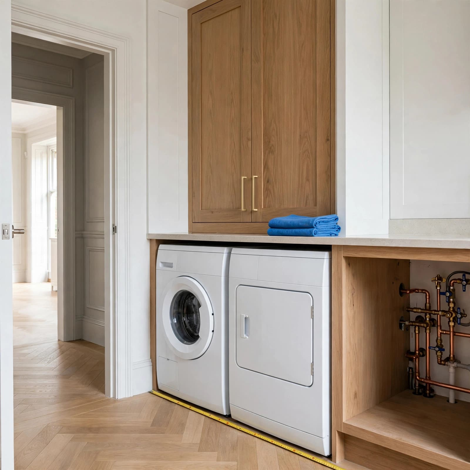 A utility alcove with a washing machine, dryer, plumbing pipes, and a tape measure on the floor.