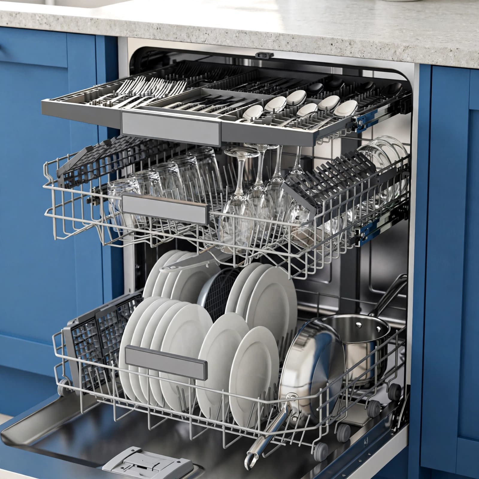 Integrated Dishwasher Buying Guide: Fit, Features and Cost 2 Open dishwasher with loaded racks including cutlery, glasses, plates, and a pan.