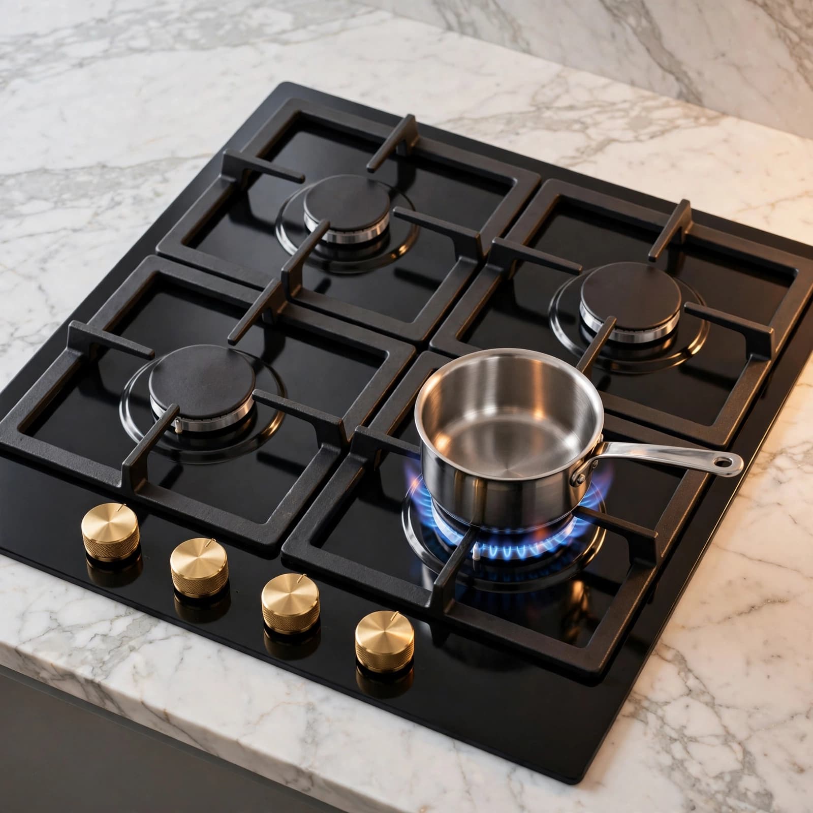 A small metal saucepan sits on a lit burner of a black gas hob on a marble countertop.