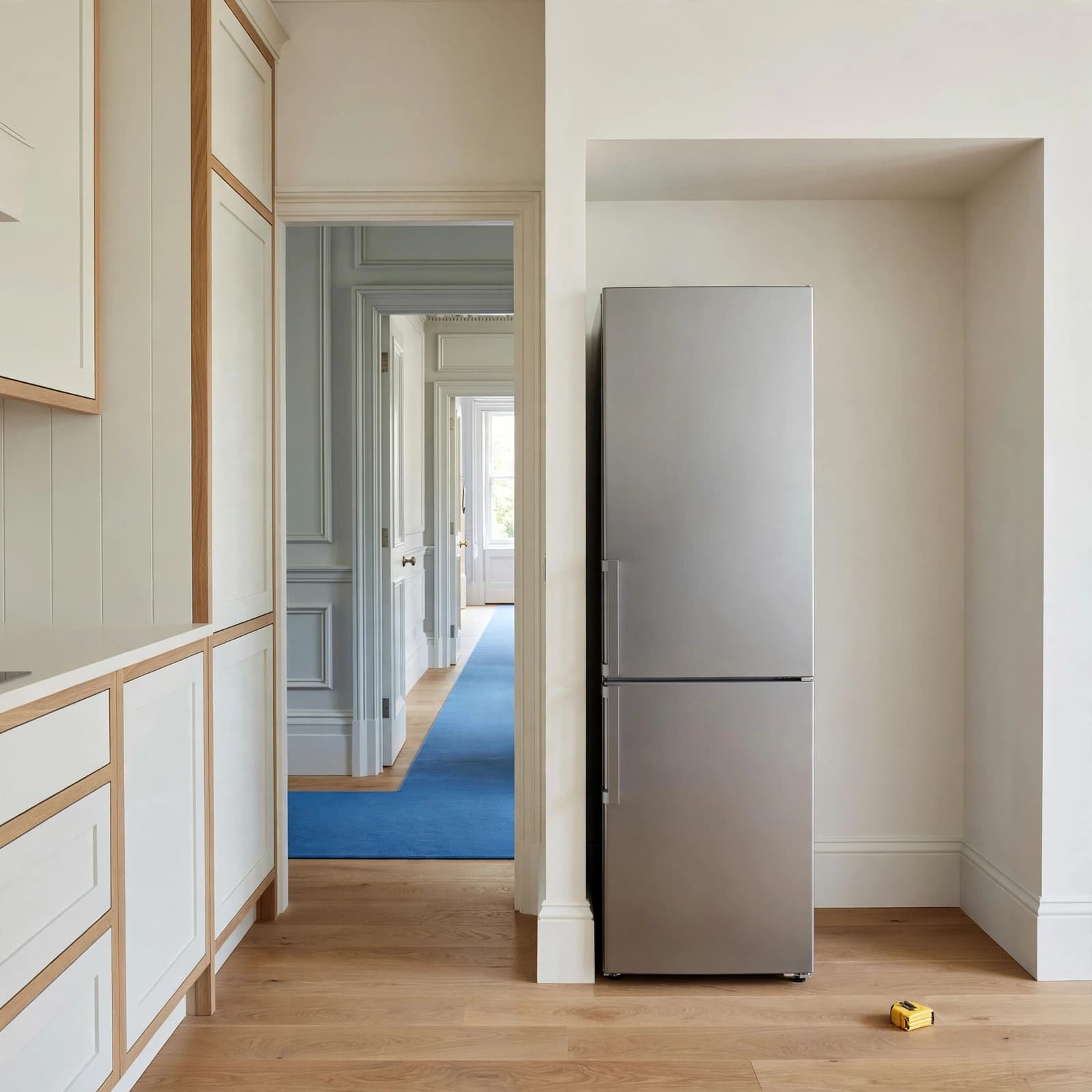 Currys Fridge Freezer Review: Is It Worth Buying? 3 A silver fridge freezer in a kitchen alcove with a tape measure on the floor and a blue hallway runner.