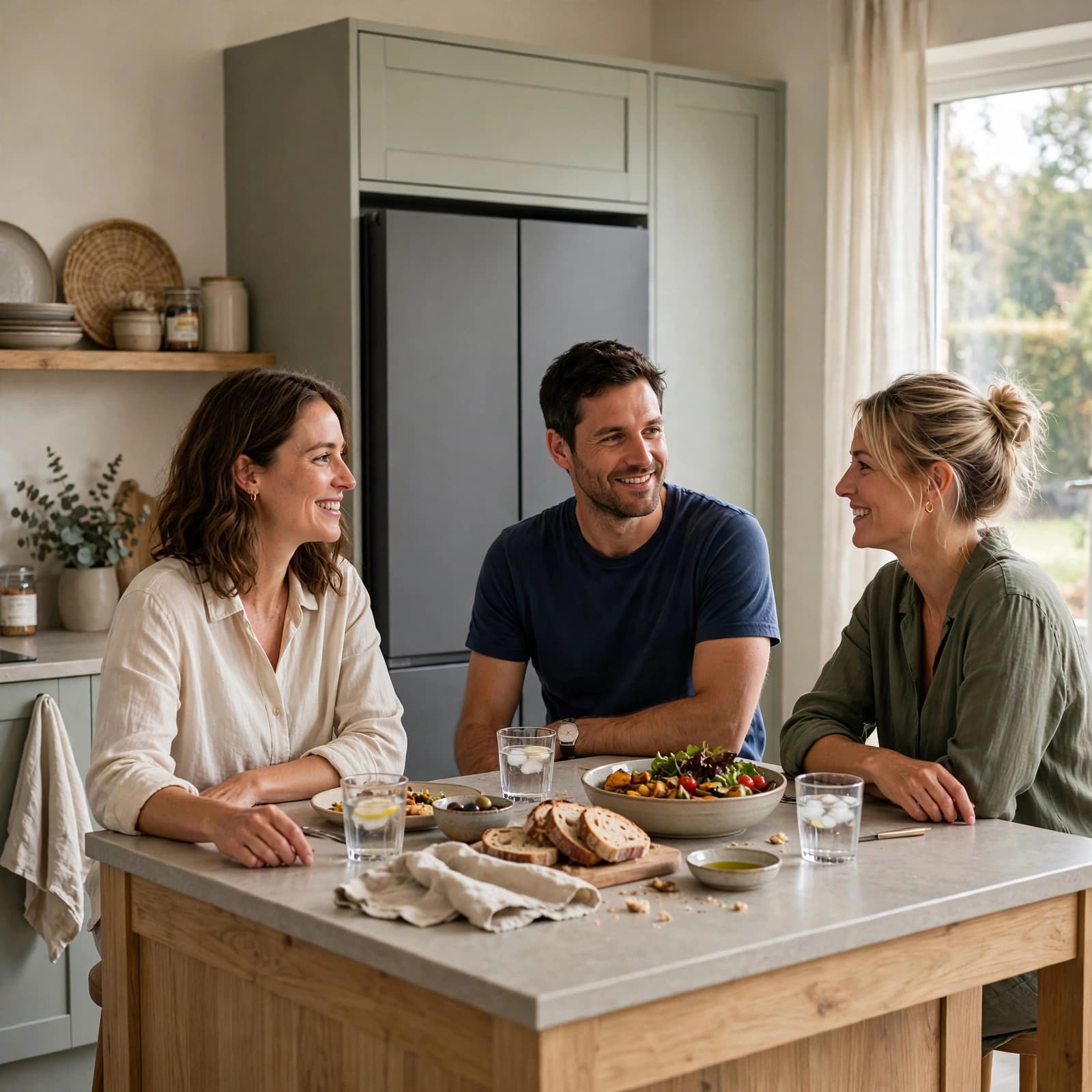 Three friends sharing a meal at a kitchen island.