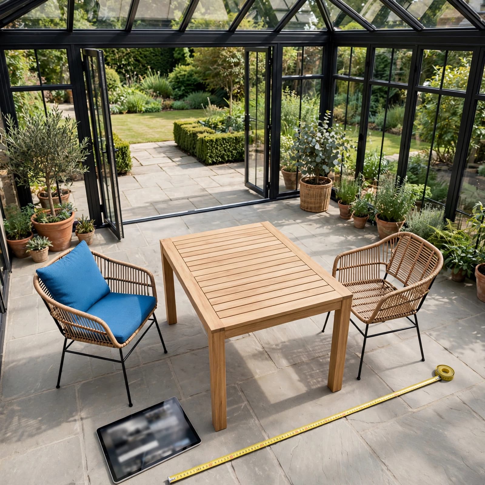 A garden table and two chairs beside a measuring tape and tablet.