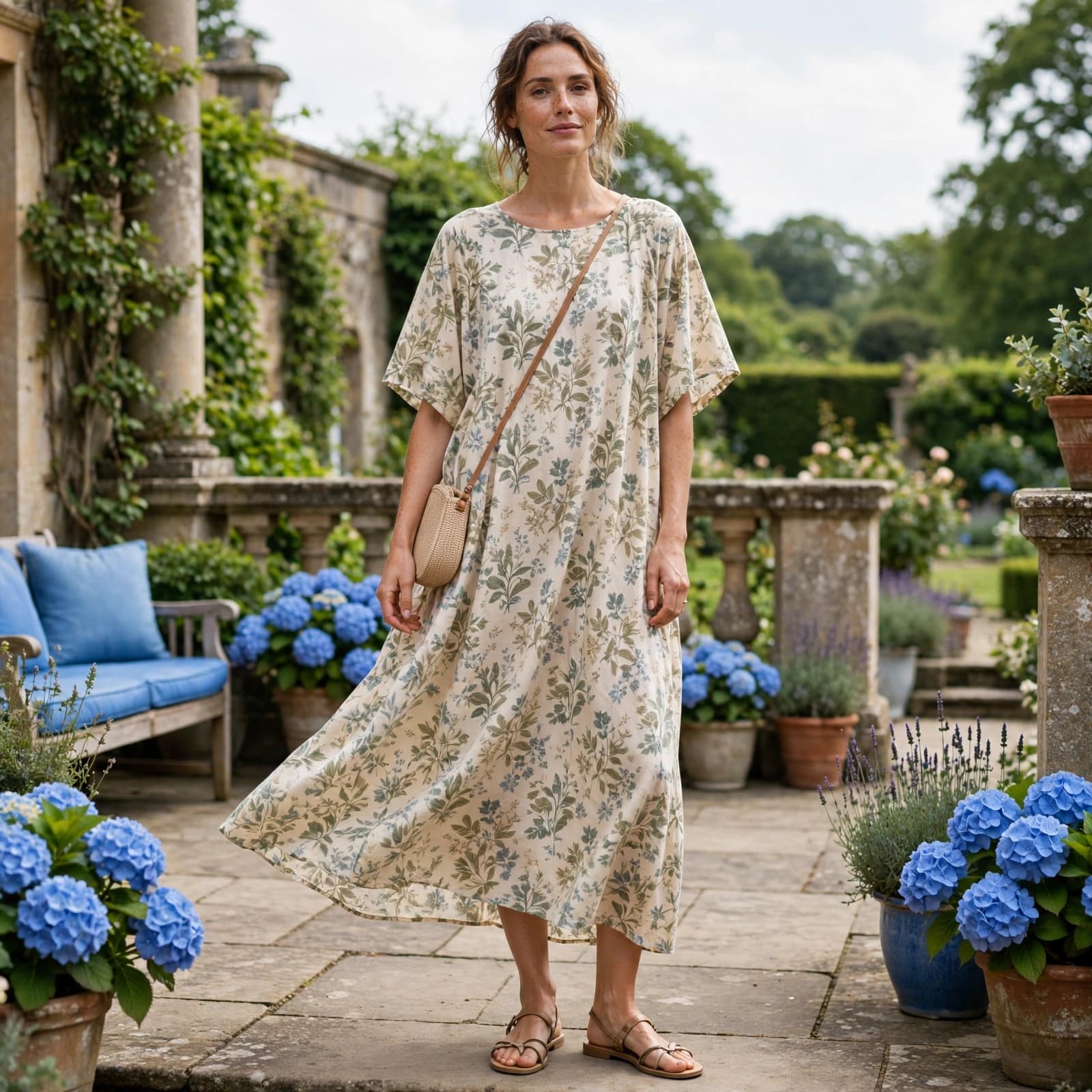 A woman wears a printed dress, flat sandals, and a small bag on a garden terrace.