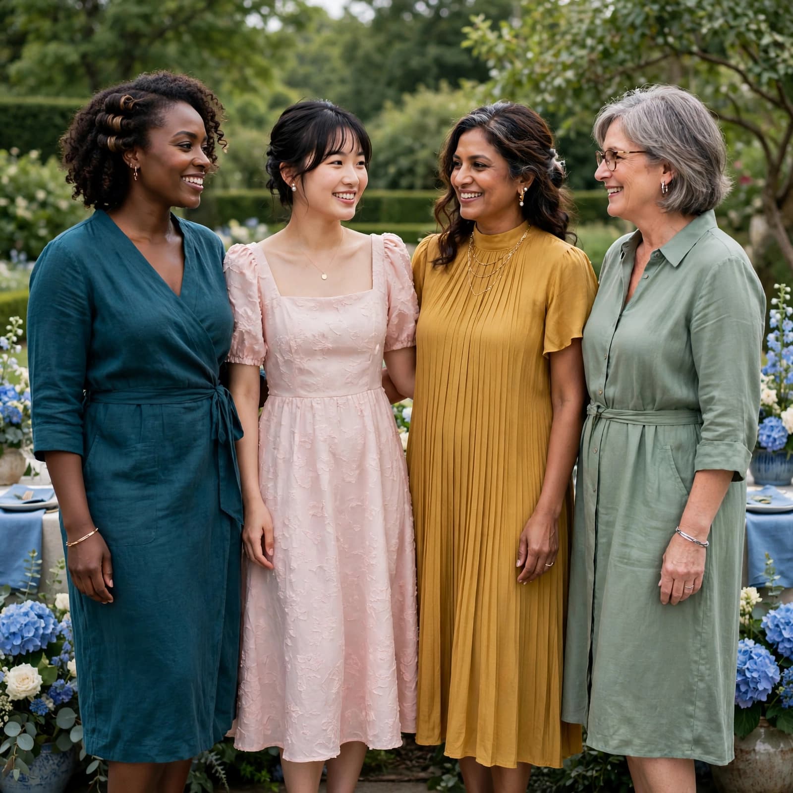 Four diverse adult women standing together outdoors, smiling in a garden setting.