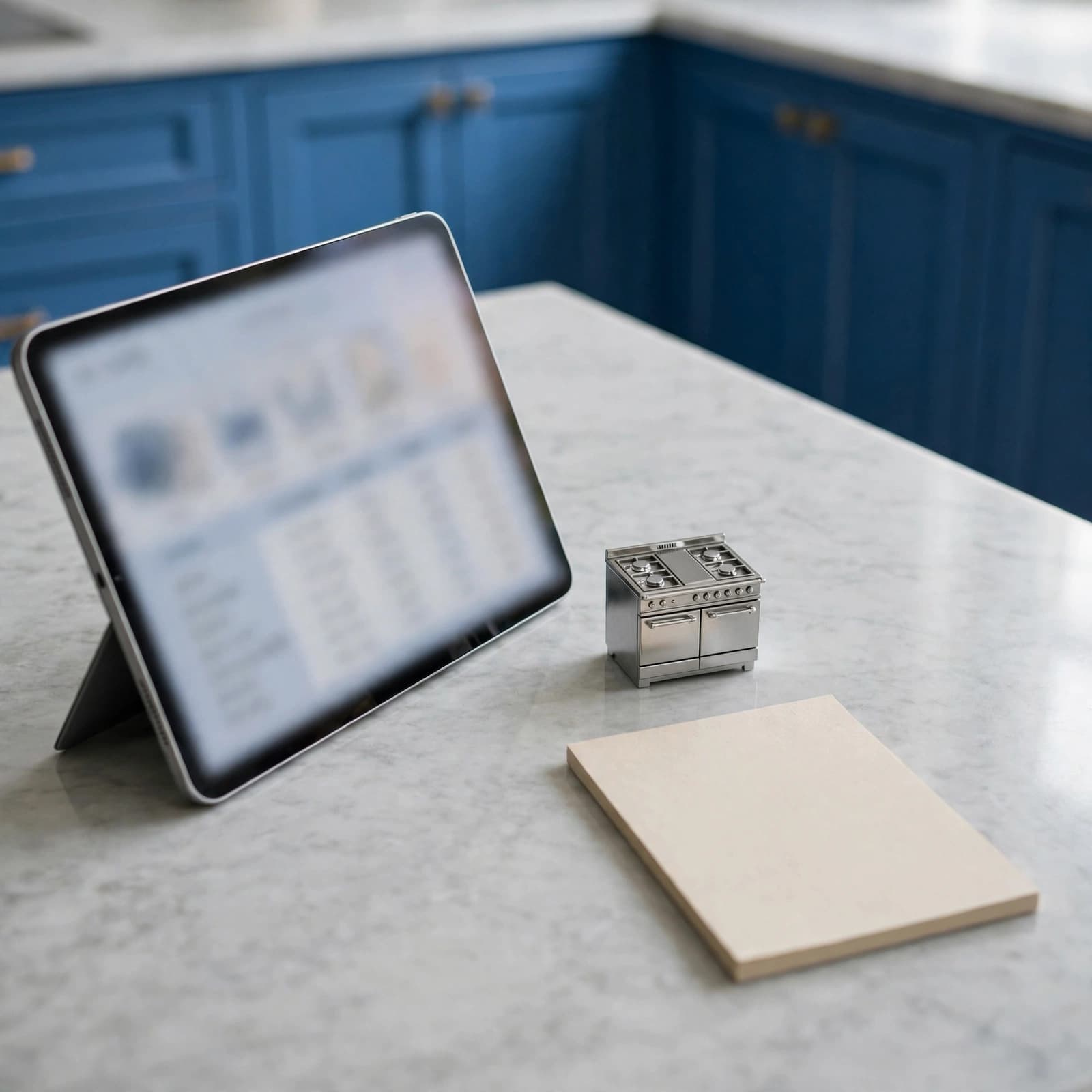 A tablet, a miniature stove model, and a notepad on a kitchen counter.