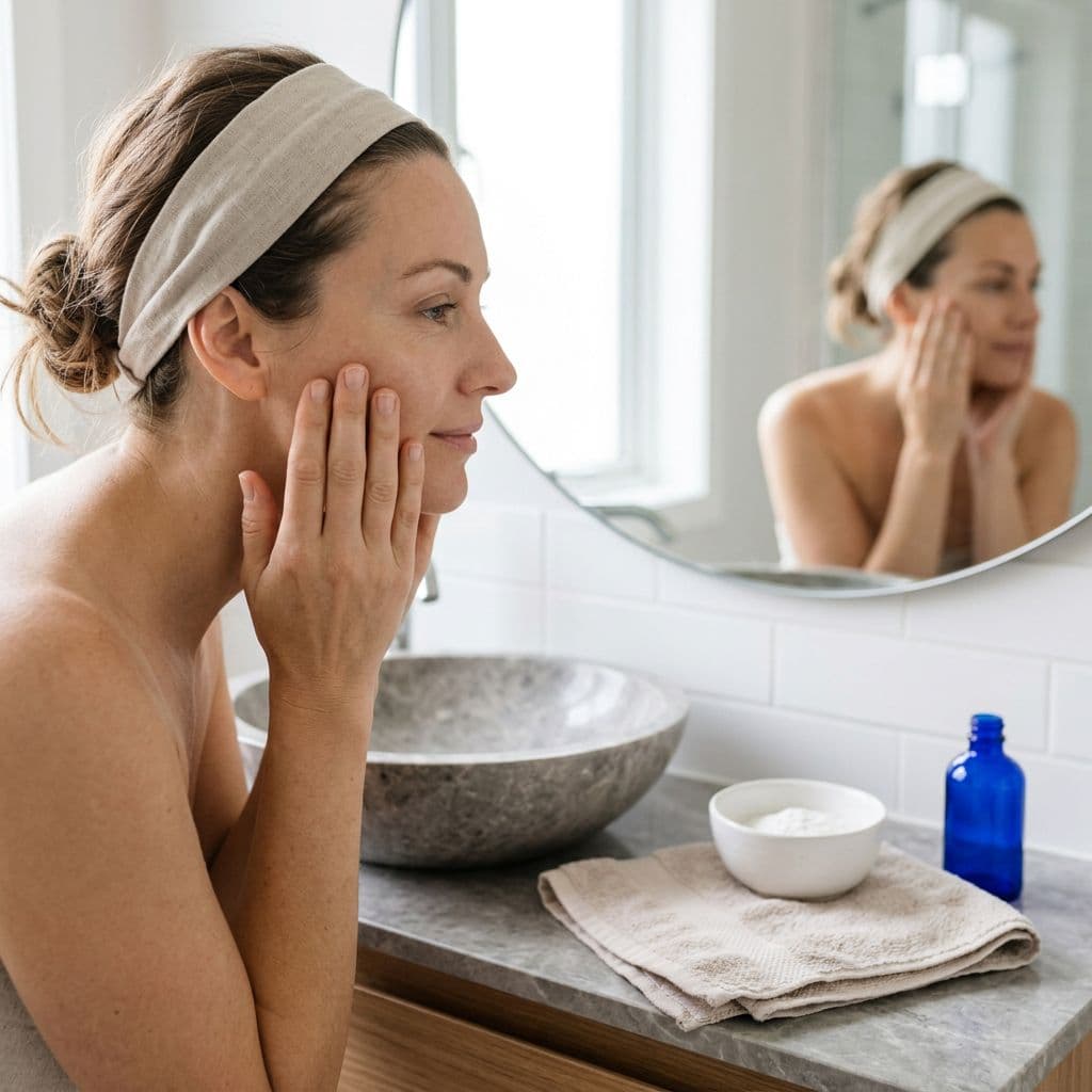 A woman rests her hands on her cheeks beside a stone bathroom basin.