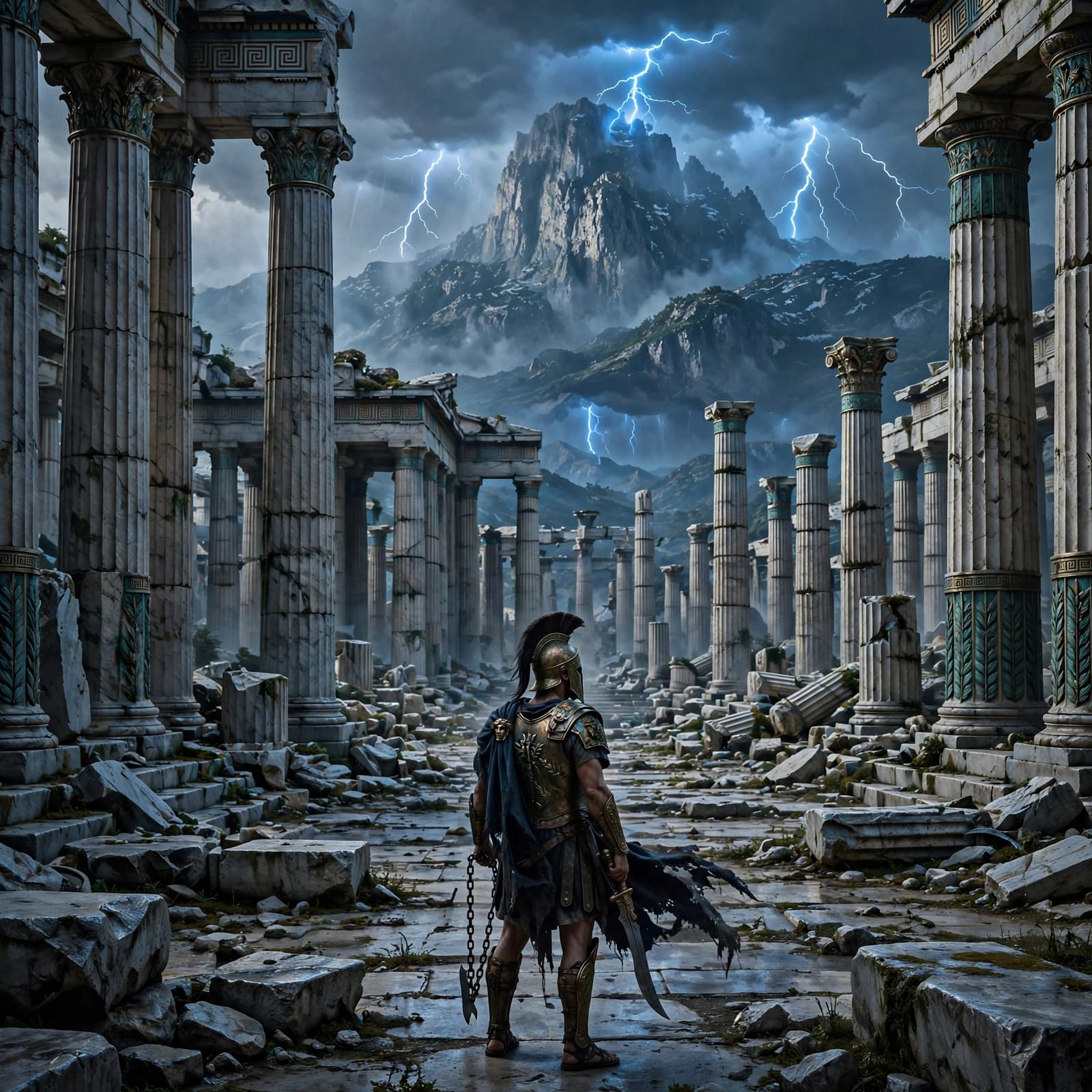 A lone warrior stands with a chained blade among ruined columns beneath a stormy sky.