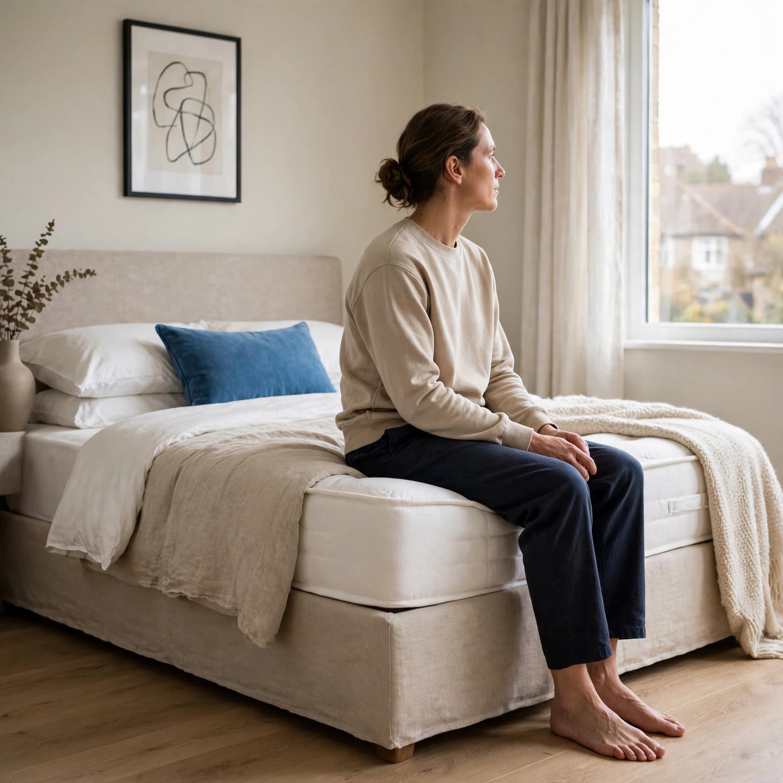 An adult thoughtfully tests a mattress while sitting on the bed's edge.