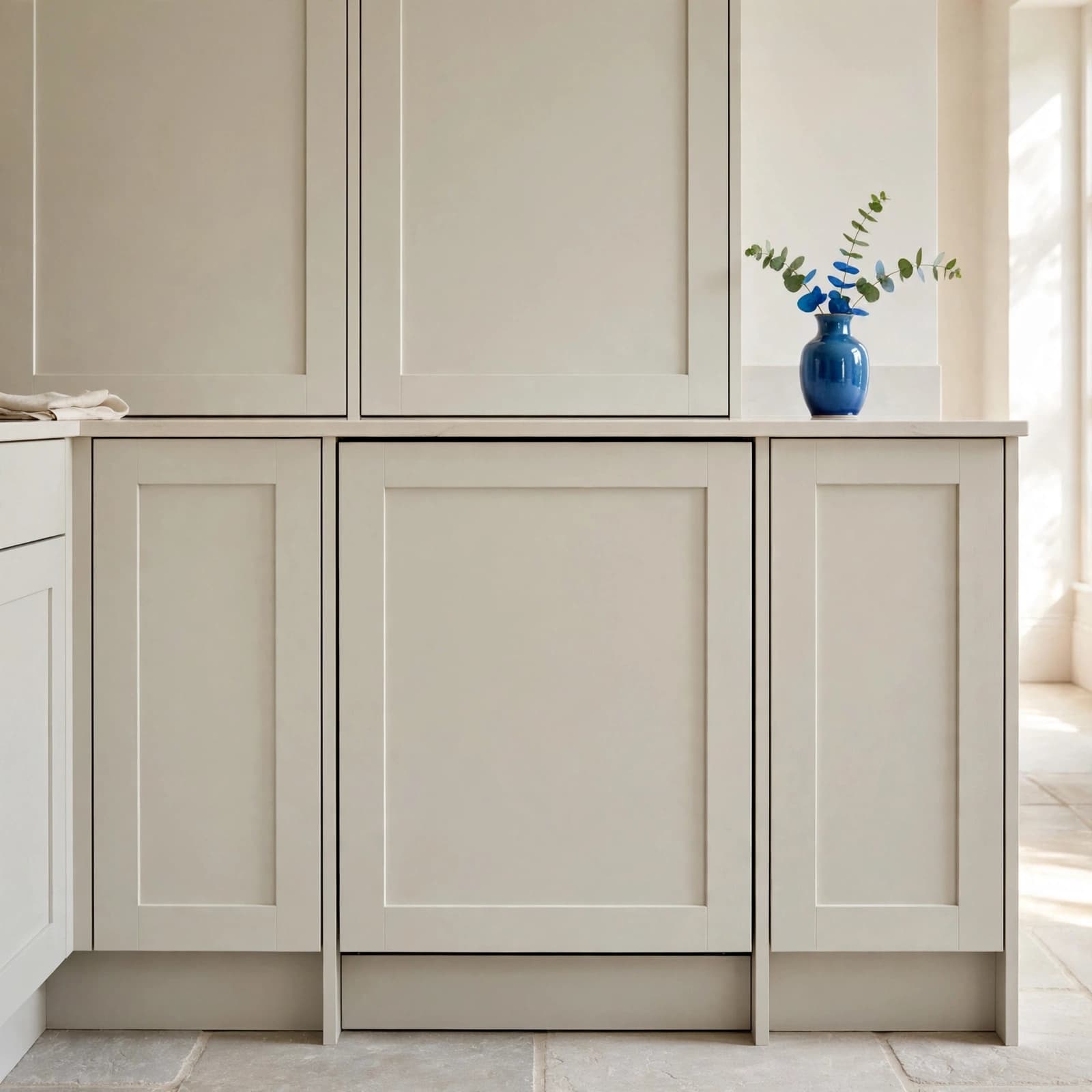 Integrated Dishwasher Buying Guide: Fit, Features and Cost 3 An upscale contemporary kitchen with pale cabinetry and a blue vase.