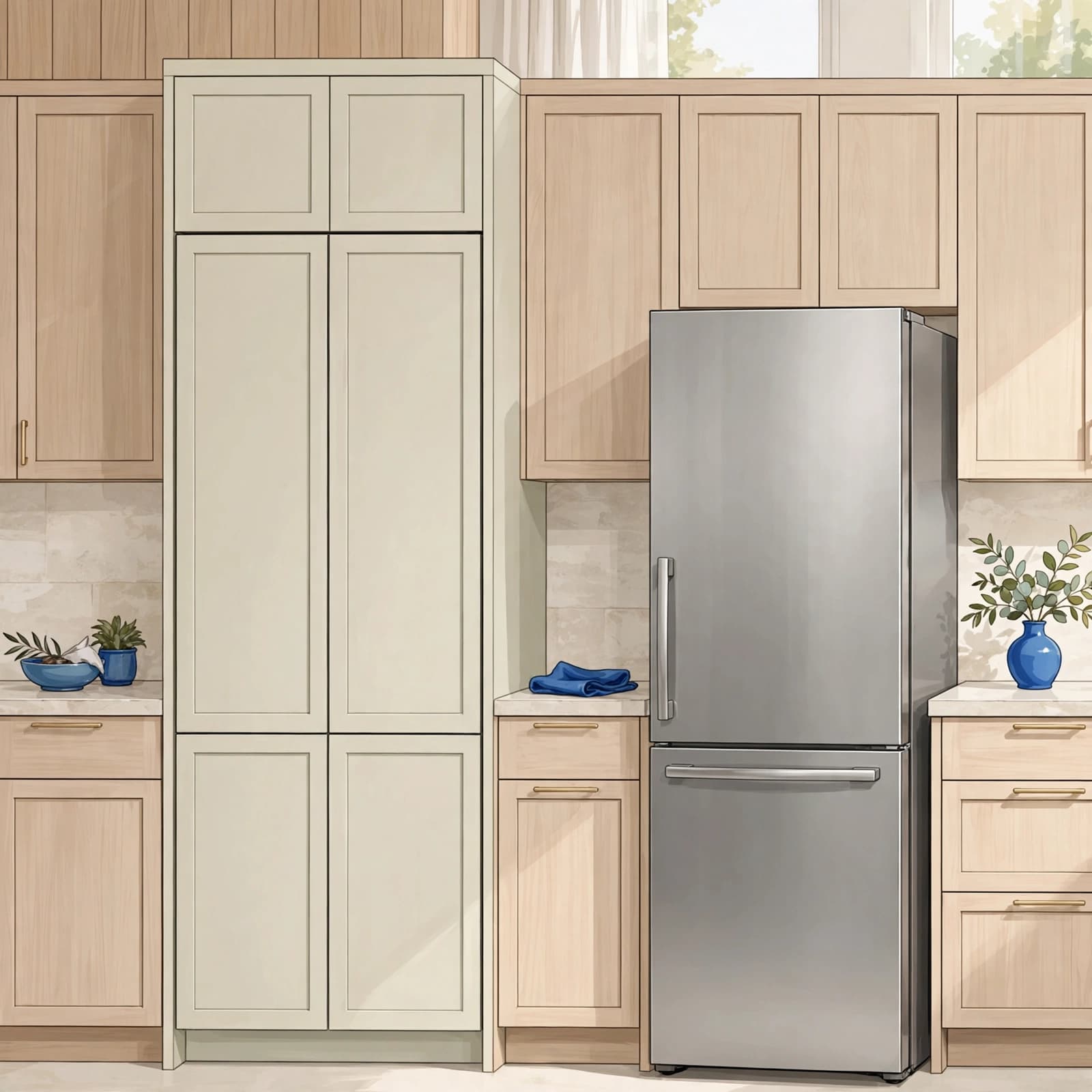 Samsung fridge review: what is worth paying for? 3 A modern kitchen showing a built-in fridge-freezer next to a freestanding stainless steel model.