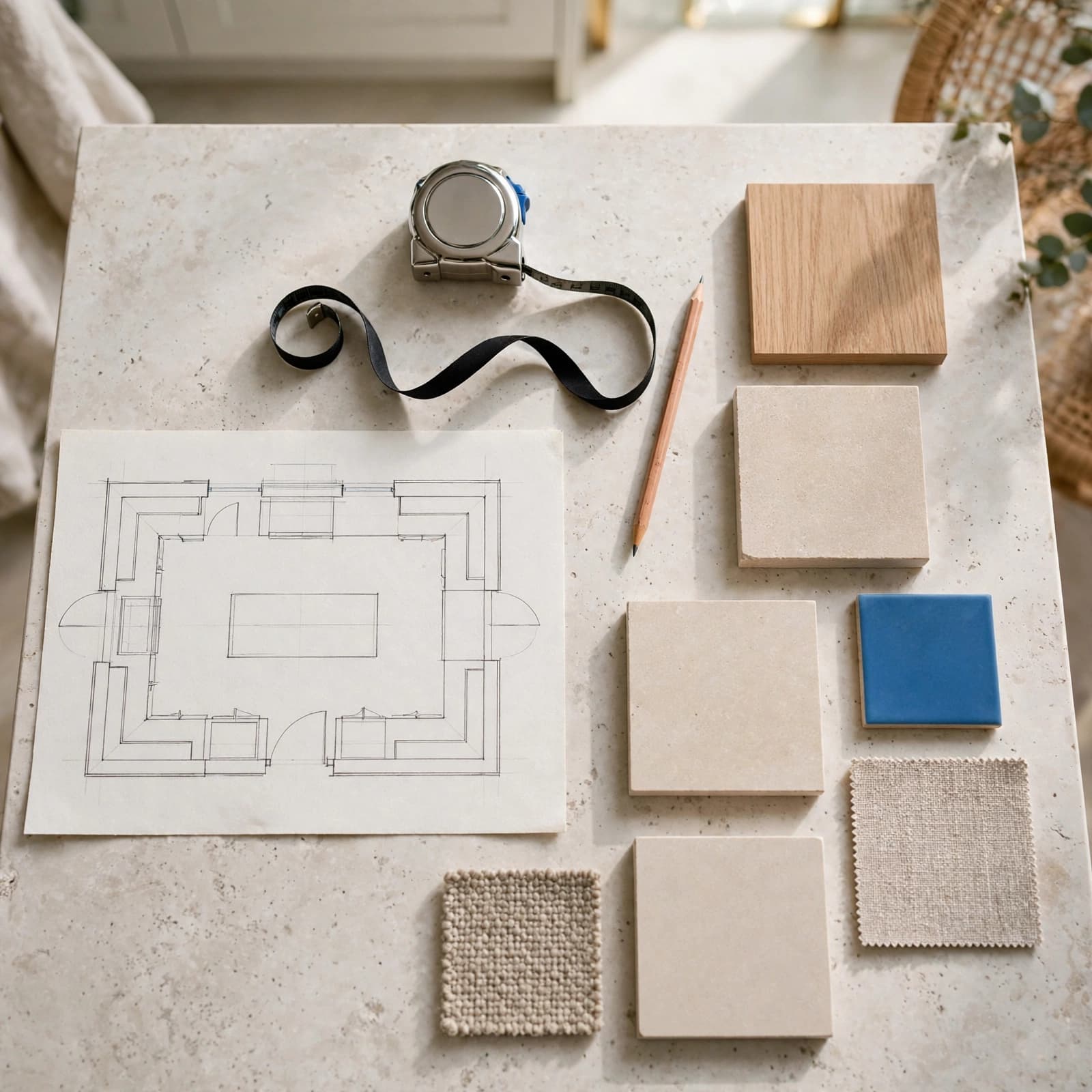 An overhead kitchen plan with a tape measure, pencil and material samples.