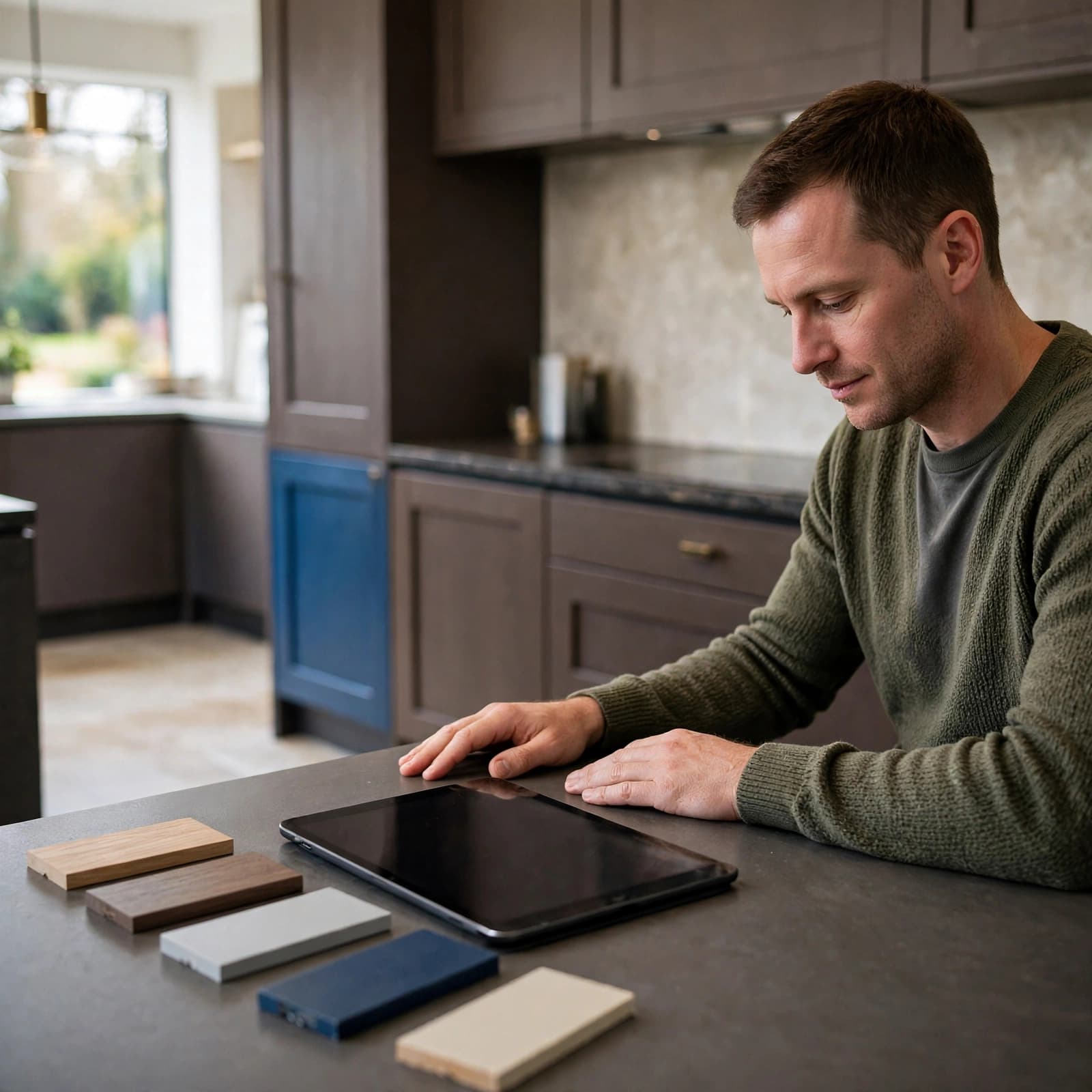 One person reviewing kitchen product details on a tablet beside finish samples.