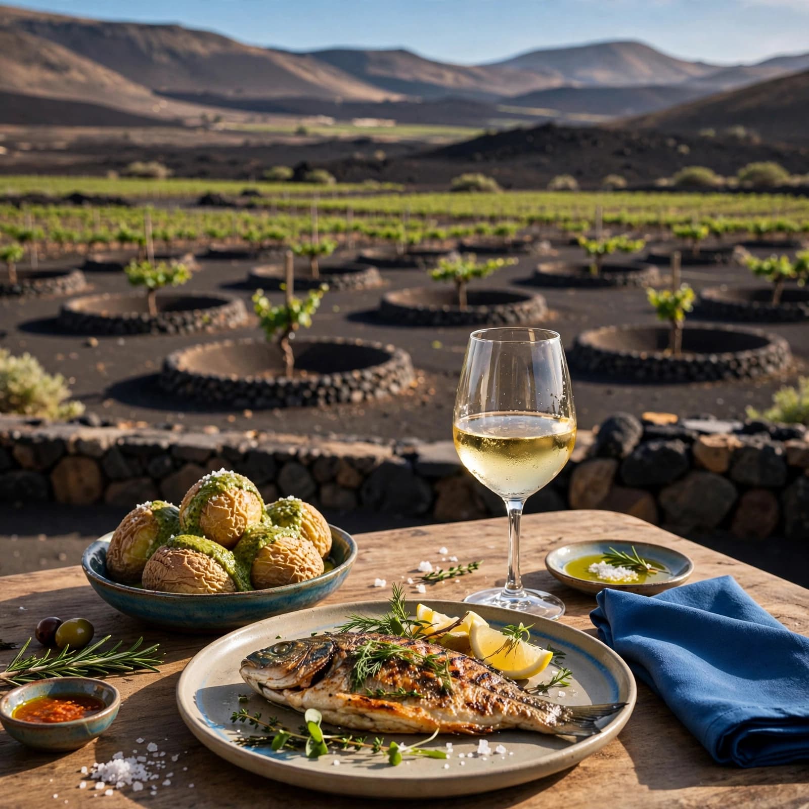 A table with grilled fish, papas arrugadas, and white wine overlooking vineyards.