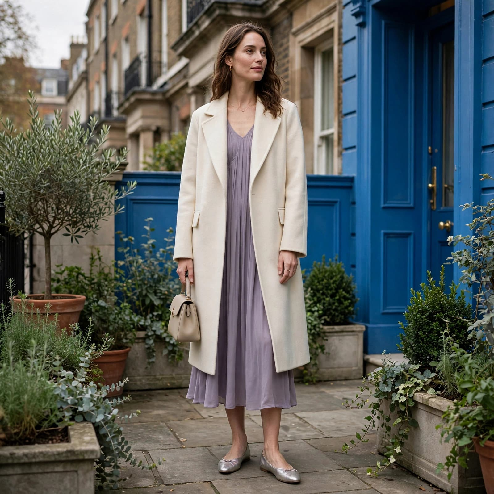 A woman wears a lavender dress and cream coat on a terrace.