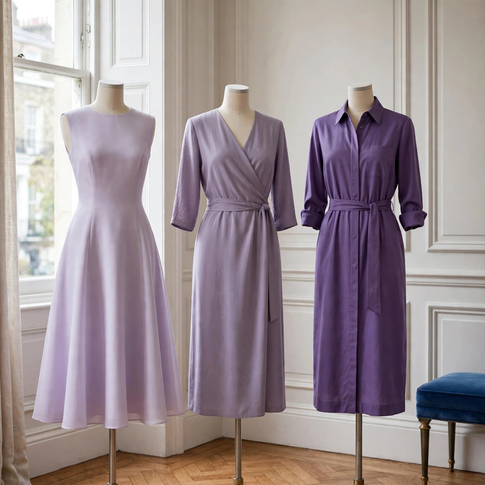 Three lavender dresses on dress forms beside a blue stool.