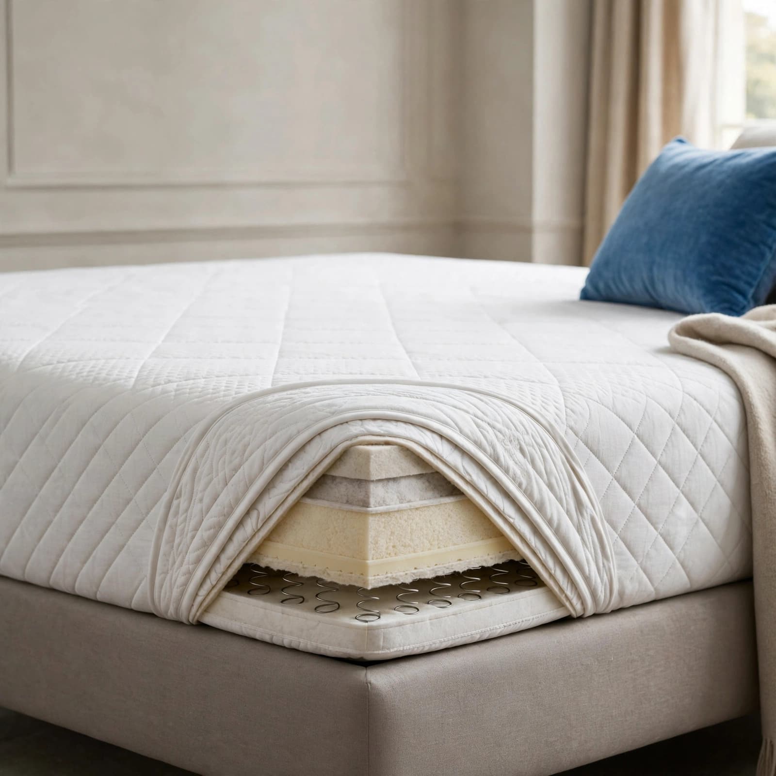 A white mattress with a folded corner reveals its layers on an upholstered bed.