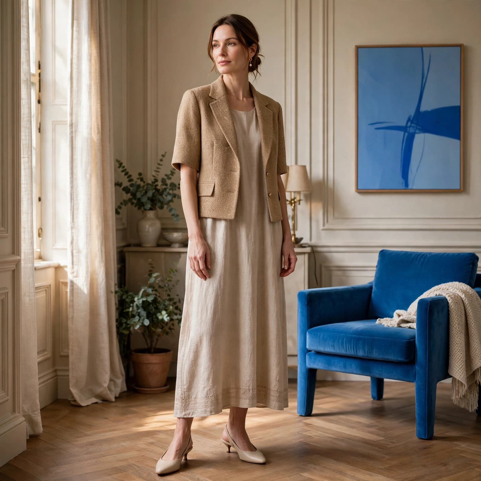 A woman wears a moo moo dress with a tailored jacket and low heels.