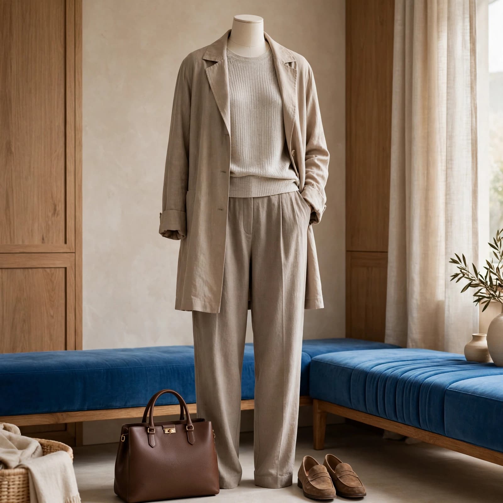 A mannequin in layered neutral clothing stands beside loafers, a structured bag, and a blue bench.