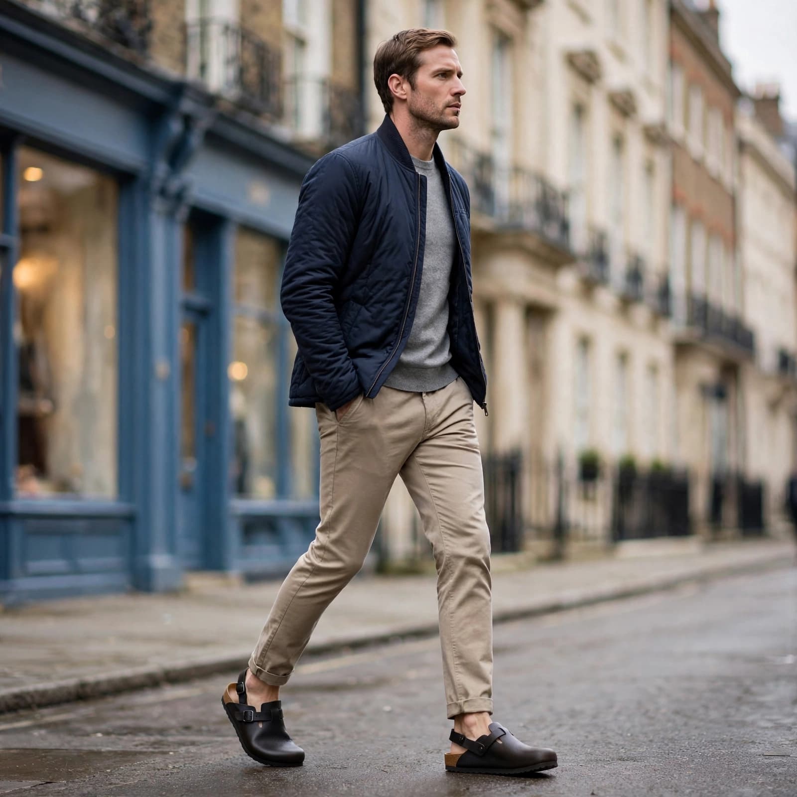 A man in a navy jacket and beige trousers walks on a city street wearing dark clogs.