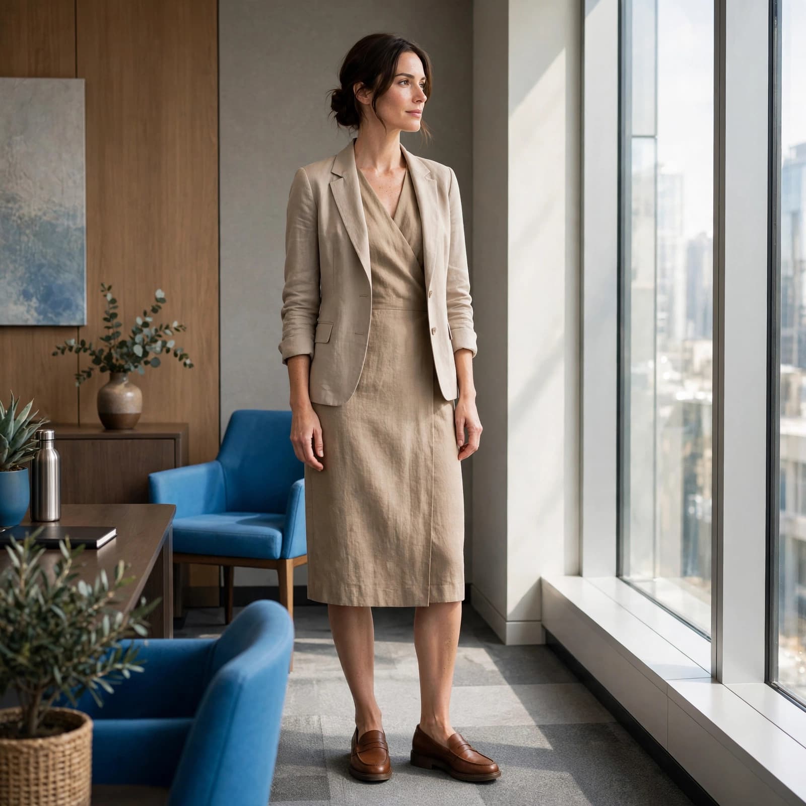 Linen Dress Buying Guide: Fit, Fabric and Value 1 A woman in a linen dress and light jacket stands by a bright office window.