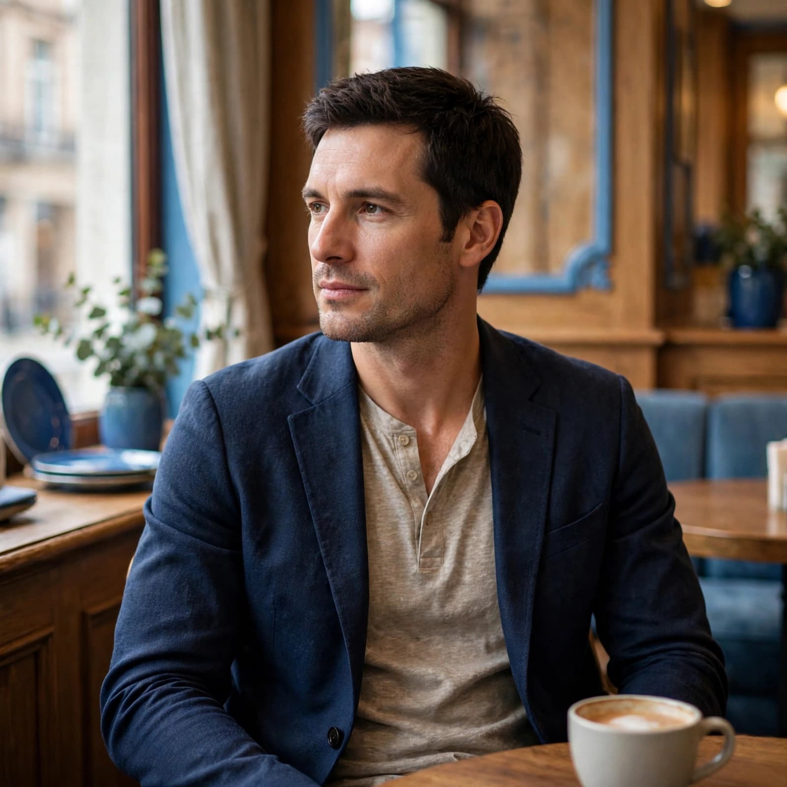 A smart-casual man sits beside a ceramic cup in a warmly lit café.