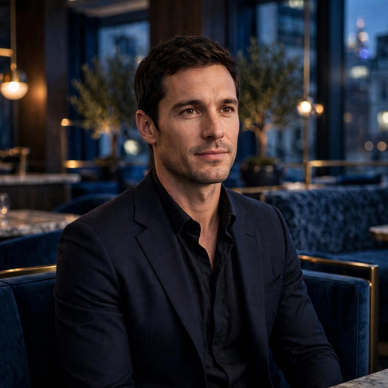 A man in a dark jacket sits in a softly lit lounge with blue accents.